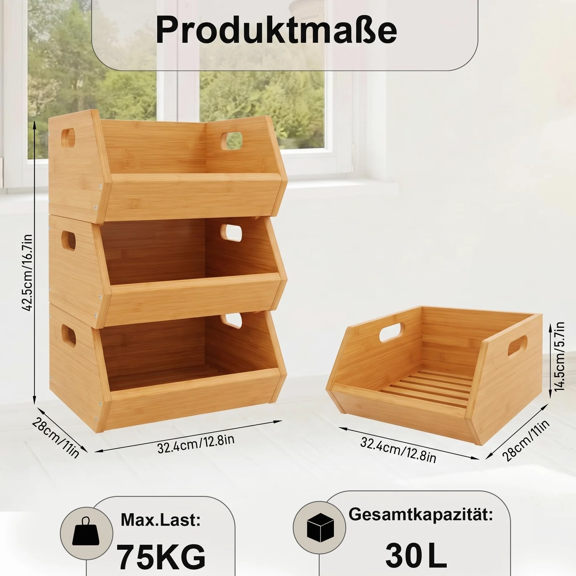 ADEL DREAM Panier à Fruits en Bambou à 3 Niveaux, Paniers Amovibles | 3 paniers séparés ou empilés, parfaits pour fruits, légumes, pain, snacks et objets du quotidien