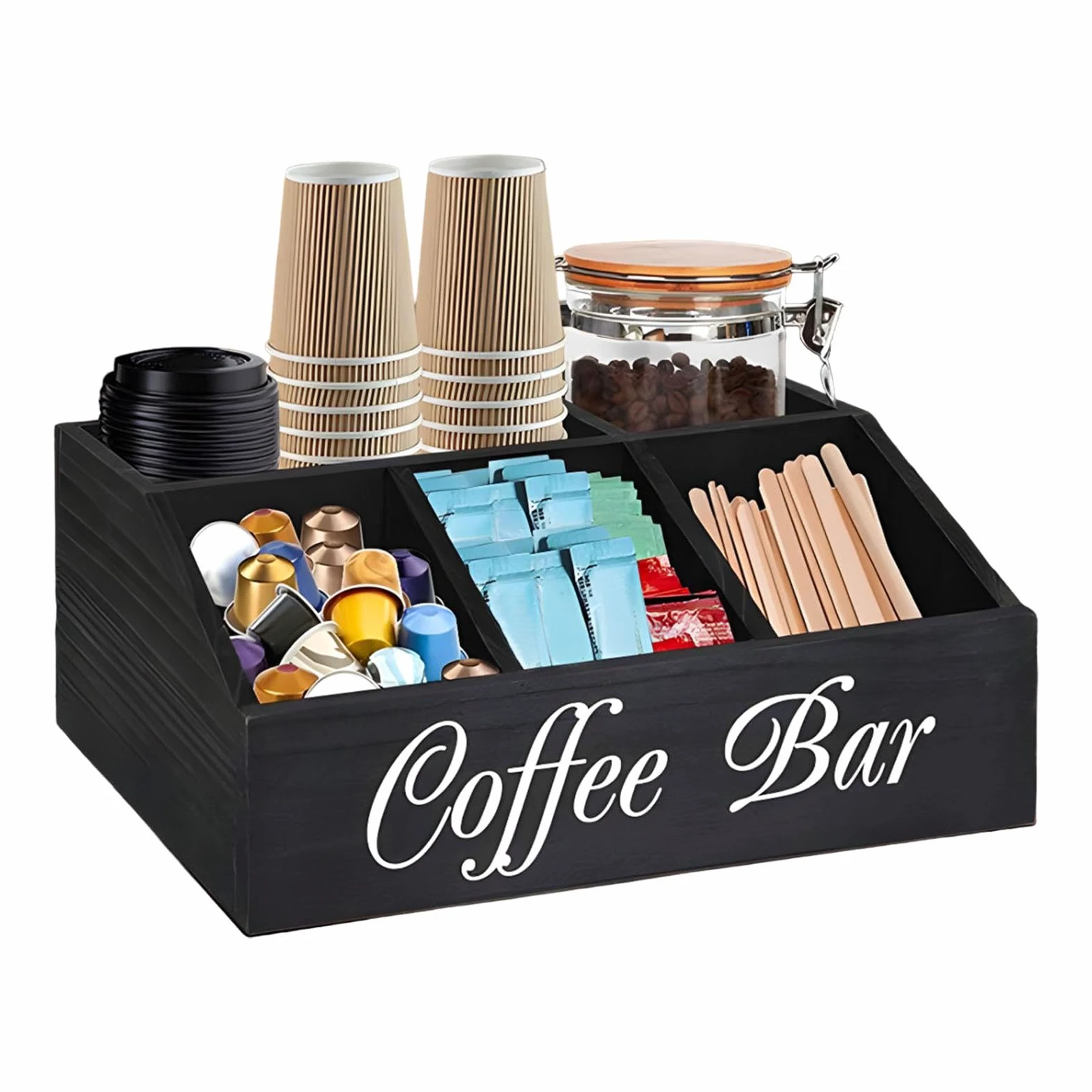 Étagère à café en bois | Organisateur de condiments de café | Plateau de rangement pour café | Panier de rangement pour dosettes de café avec séparateurs amovibles pour la maison, le bureau