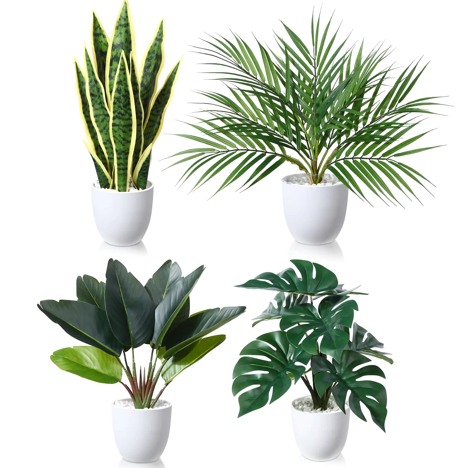 SOGUYI Plante Artificielle 40cm Sansevieria/Areca Palm/Bird of Paradise/Tropical Monstera Fausse Plante pour la Maison, Bureau et Décoration Interieur Exterieur(4 Stück)