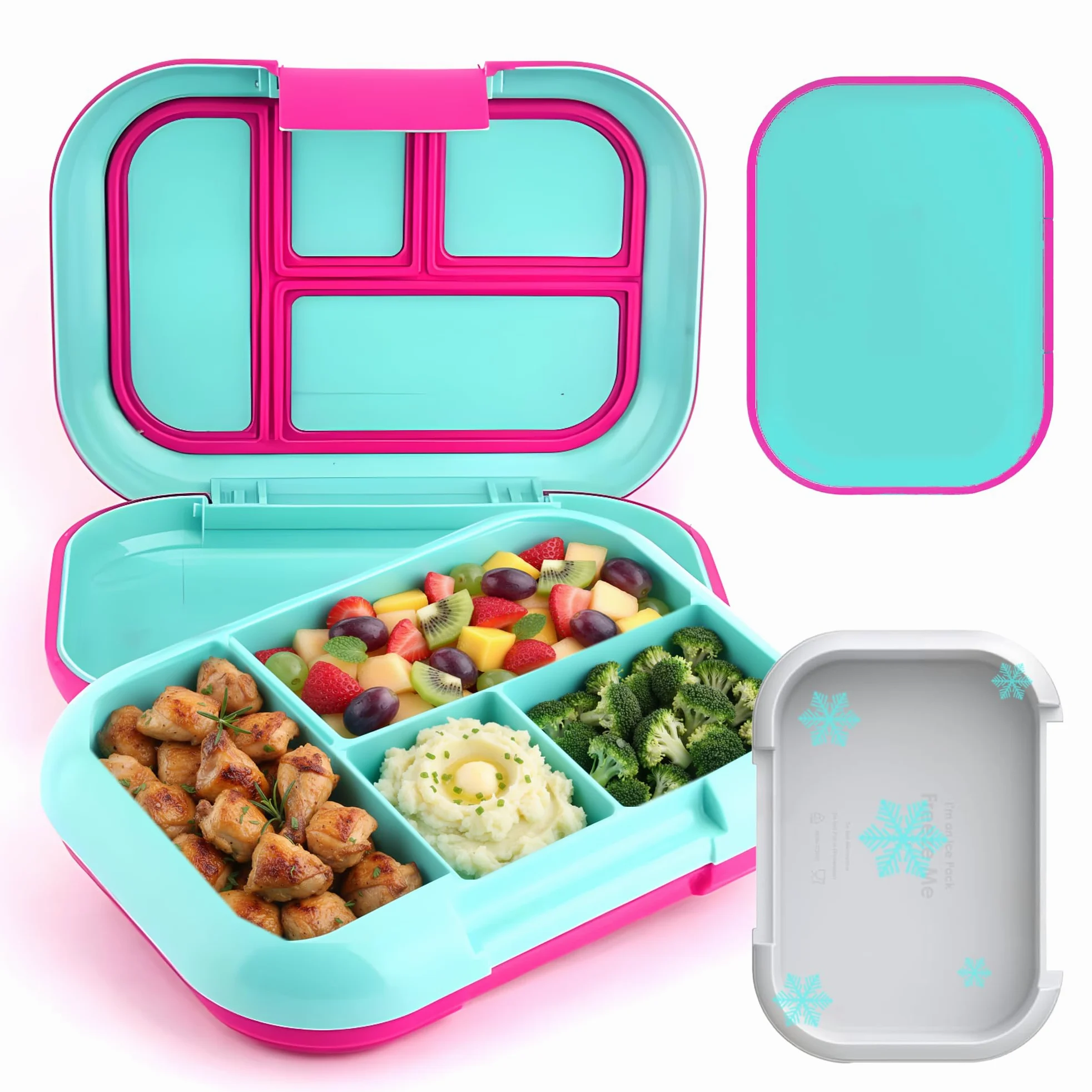 Boîte à bento étanche à 4 compartiments avec pack de glace intégré, capacité de 3,3 tasses sans PFAS et BPA, passe au micro-ondes et au lave-vaisselle. Taille idéale