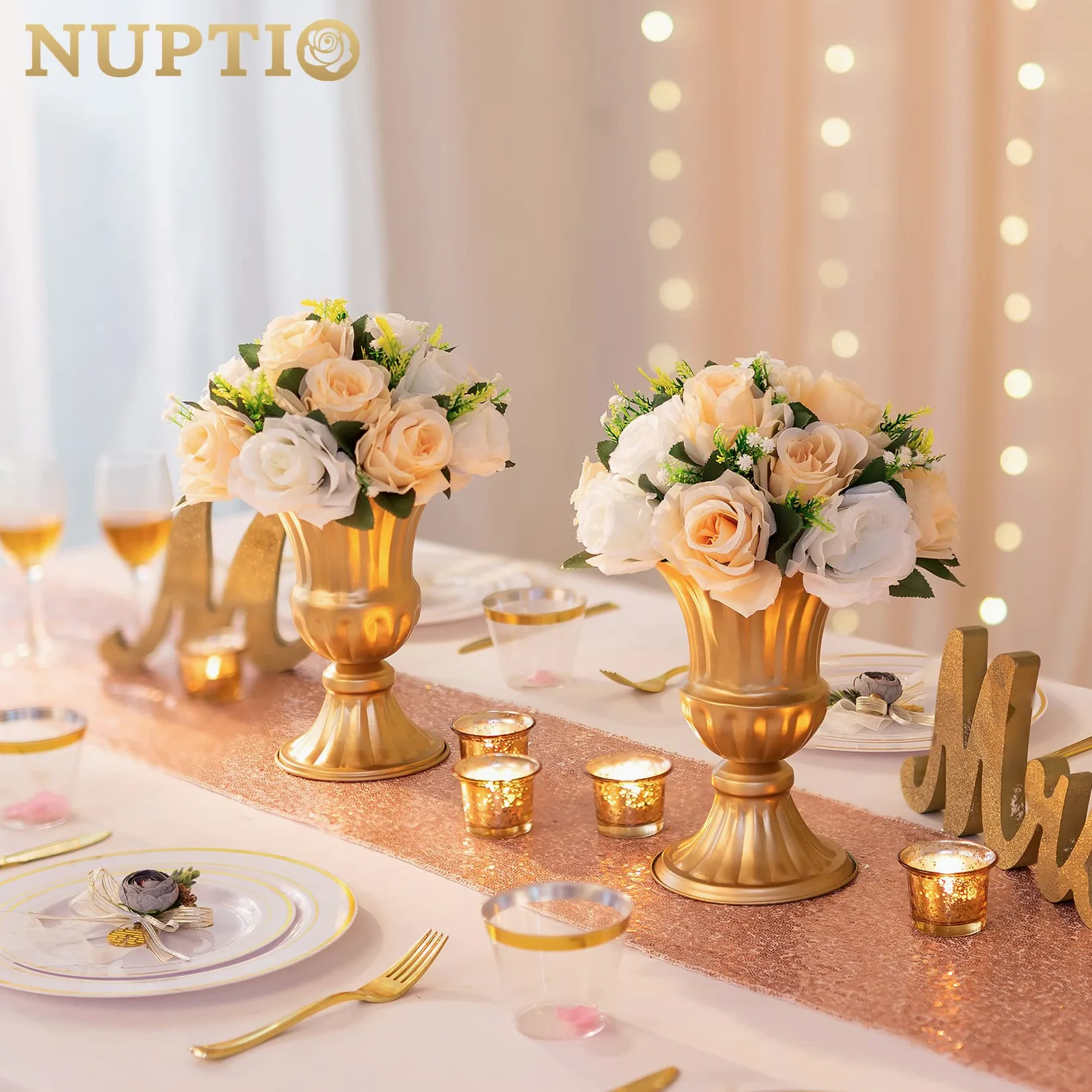 NUPTIO 10 Pièces Fleurs Artificielles, 15 Têtes de Roses Plastique avec Base, Convient au Centre de la Table Mariage Notre Magasin pour Les Fêtes Décoration de Saint Valentin(Champagne&Blanc)