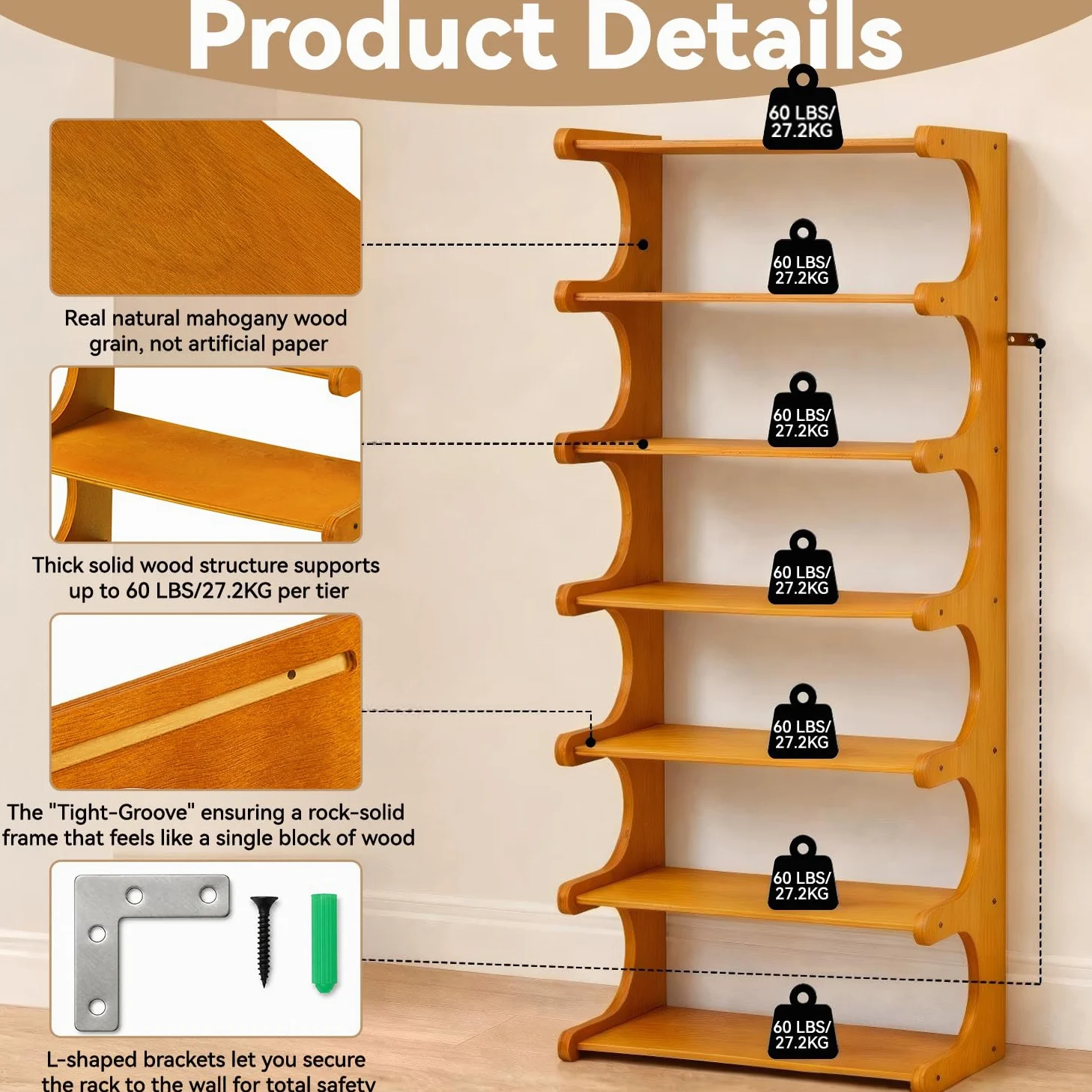 Étagère à chaussures verticale en bois à 7 niveaux de 104,1 cm de haut, tour à chaussures d'entrée multicouche en bois massif, organisateur de chaussures sur pied pour placard étroit