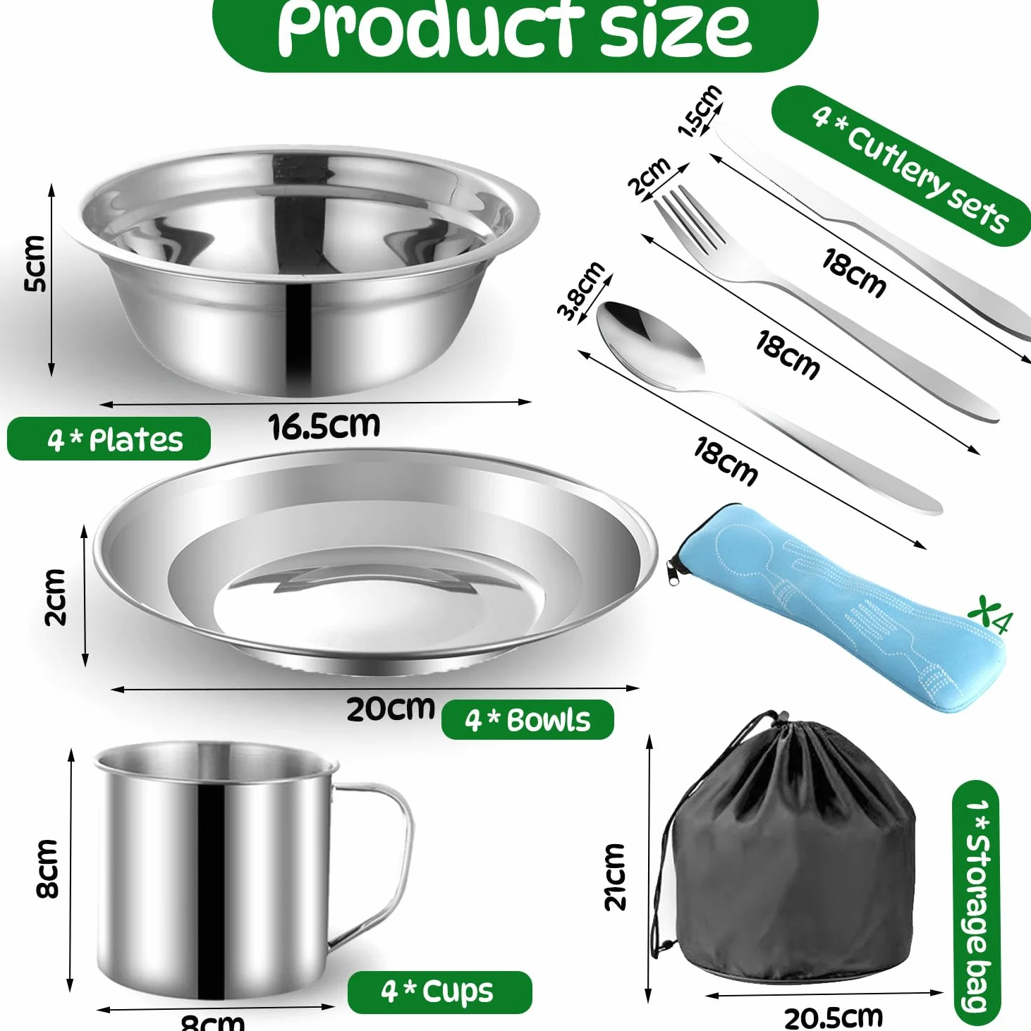 Couvert Camping pour 4 Personnes,29 pièces Couverts Camping Acier Inoxydable Assiette Tasse Couteau Fourchette Cuillère Sac Rangement,pour Famille et Amis Randonnée Pique-Nique Voyage