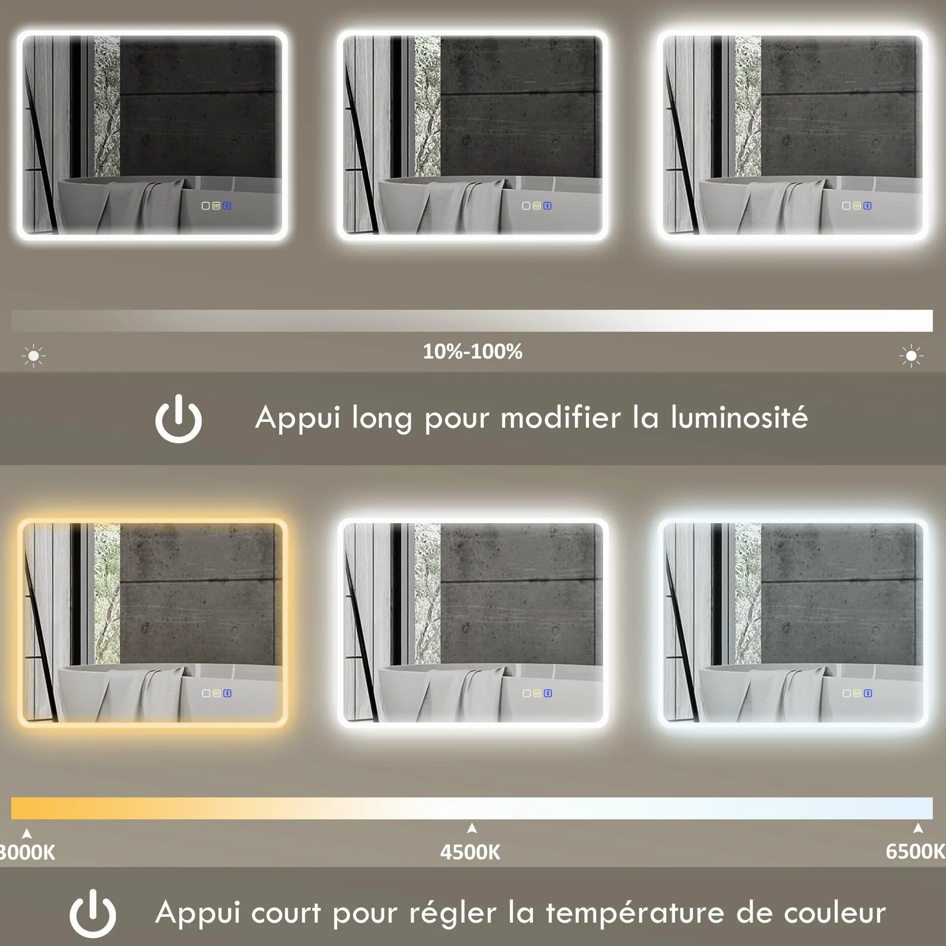 HOMCOM Miroir Salle de Bain Bluetooth 70 x 90 cm, Miroir Lumineux Salle de Bain Mural avec éclairage LED, Interrupteur Tactile, lumière réglable 3 Couleurs, Anti-buée, mémoire - Argent