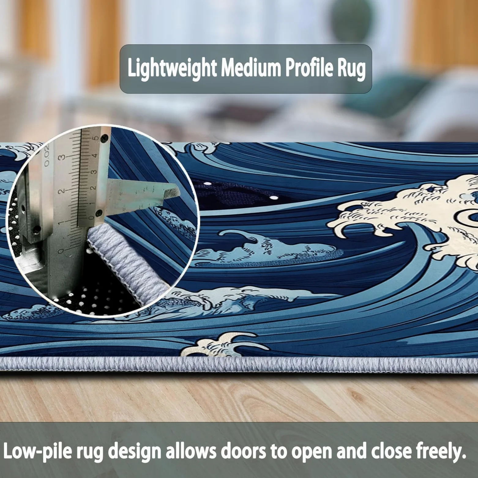 Tapis Poils Ras Motif Vagues À La Japonaise Tapis Salon Chambre Adulte Salle à Manger Bureau Tapis Imprimé à Poil Court Doux Fin Lavable 140 x 200 cm, Bleu Blanc