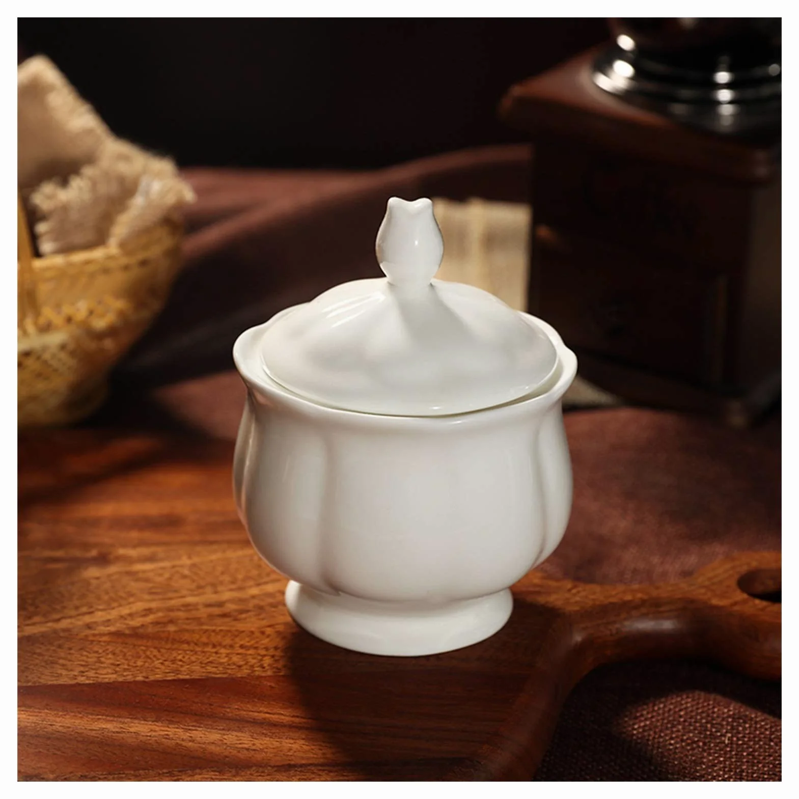 Pot de Sucre Sugar Bowl avec Couvercle Phnom Penh Simple Céramique Sugar Bol Retro Café Café Bol Blanc Granulés Sugar Bol Café Porte-café Bol à Sucre (Color : D)