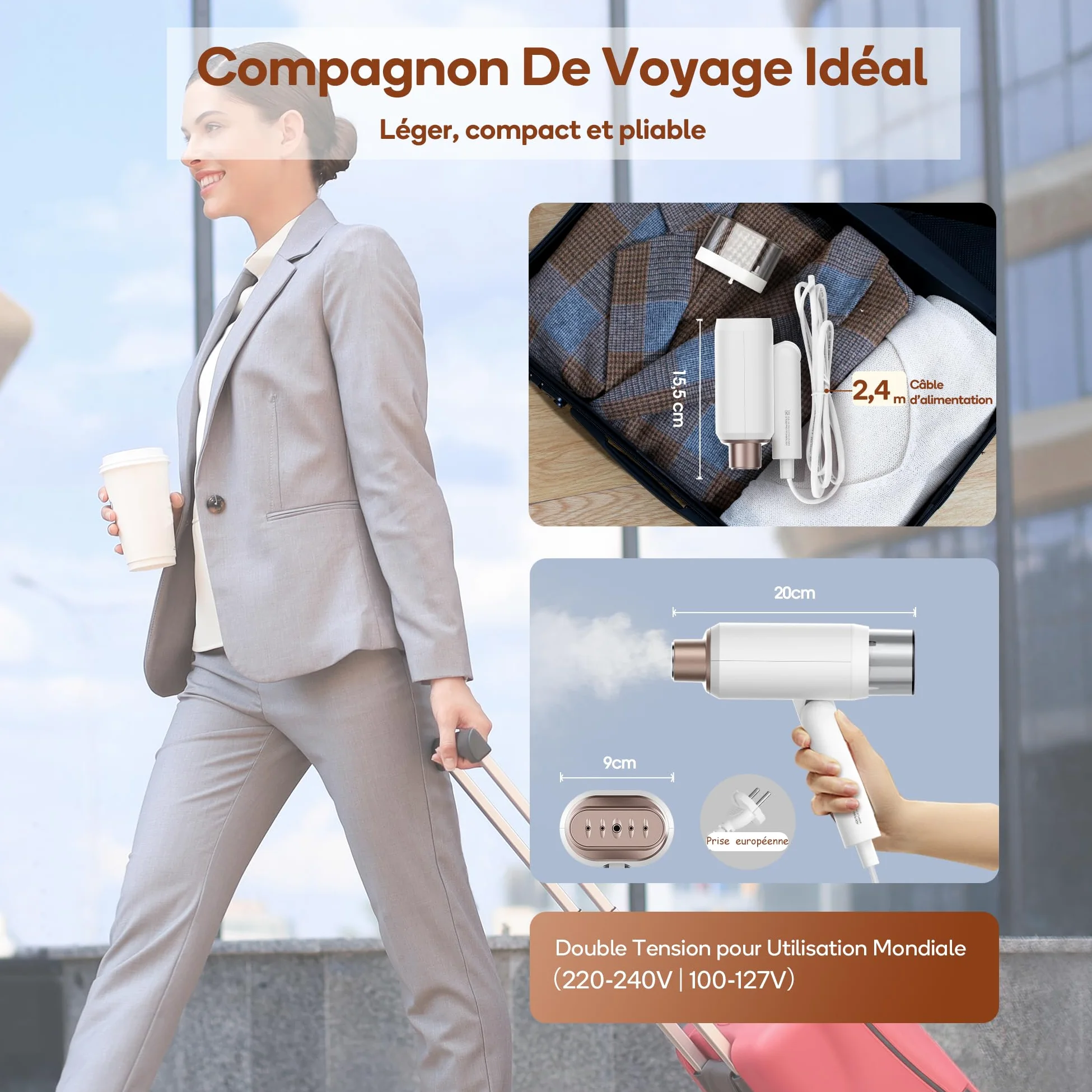 Newbealer Défroisseur Vapeur, Défroisseur de Voyage Double Tension - 220V/120V, 1200W Fer à Repasser à Main avec Réservoir d'Eau Détachable de 180ml, Horizontale et Verticale, Chauffe Rapide en 20s