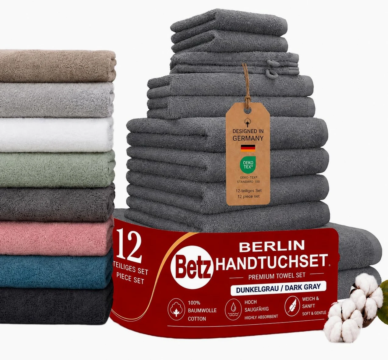 Betz Lot de 12 pièces Berlin 100% Coton 2 Draps de Bain 4 Serviettes de Toilette 2 d'invité 2 lavettes 2 Gants de Toilette Couleur Gris foncé - Berlin