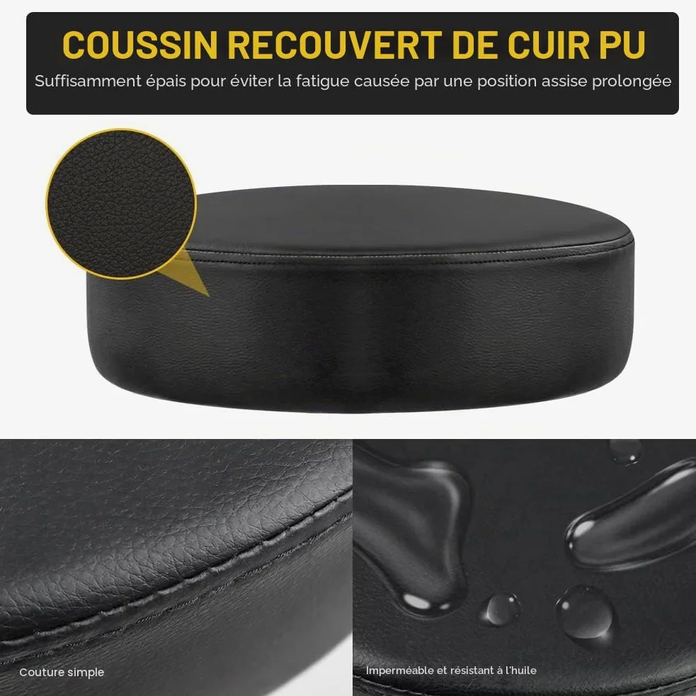 WKWKER Tabouret de beauté robuste sur roulettes avec siège pivotant réglable en cuir épais pour cuisine, bureau, laboratoire de dessin, massage - Noir