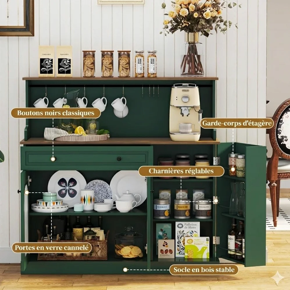HOLTICO Vaisselier Buffet de Cuisine avec Plan de Travail, Meuble pour Micro-Onde et Bar à Café, avec Armoire de Rangement, Tiroir et Étagères, pour Salle à Manger, Salon, 120 x 120 x 40 cm, Vert