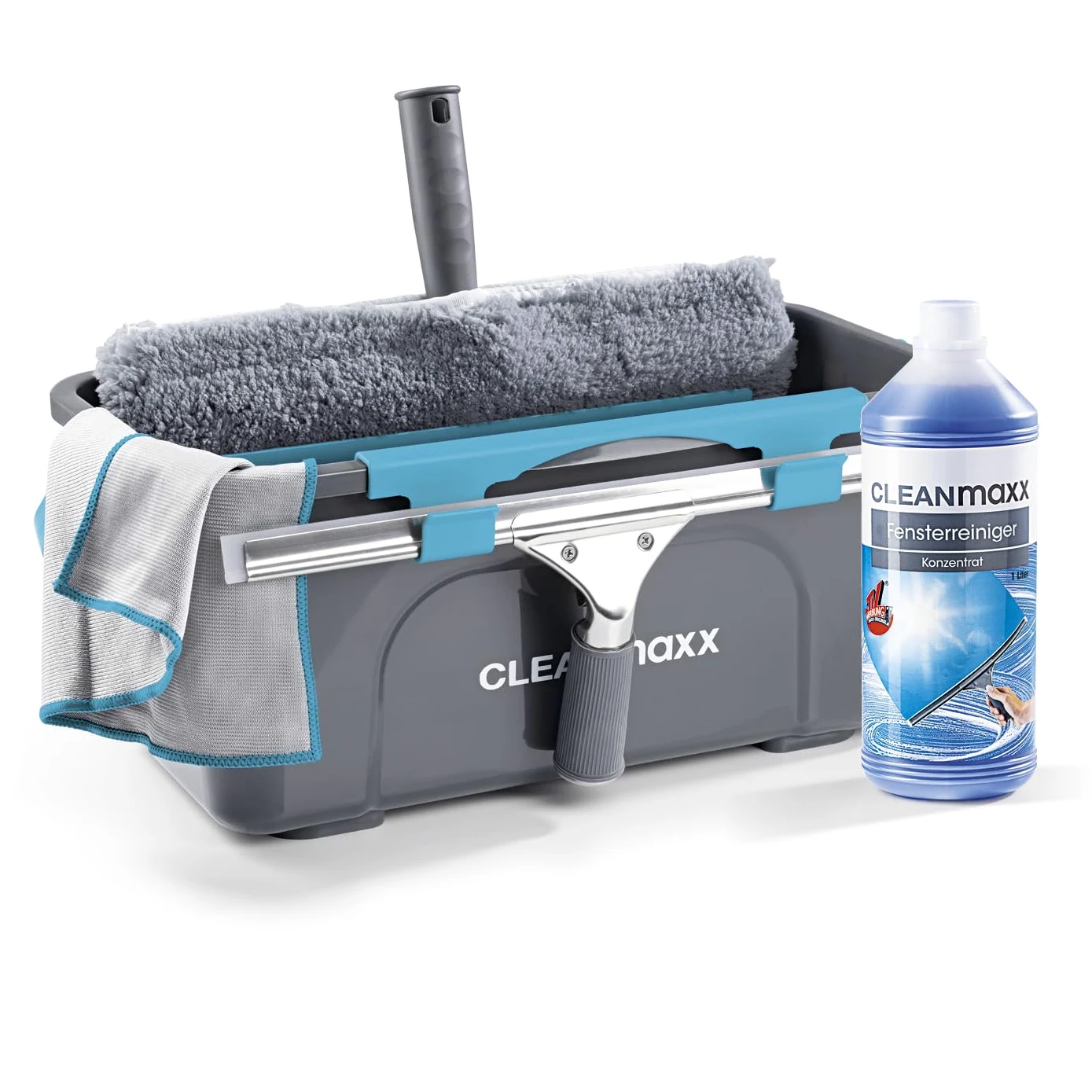 CLEANmaxx Set de Nettoyage Simple et Efficace pour des vitres de la Maison | Comprend Une raclette, Une Brosse, Un nettoyant, Un Chiffon, Un Seau et 2 Fixations pour la Brosse et la raclette [Bleu]