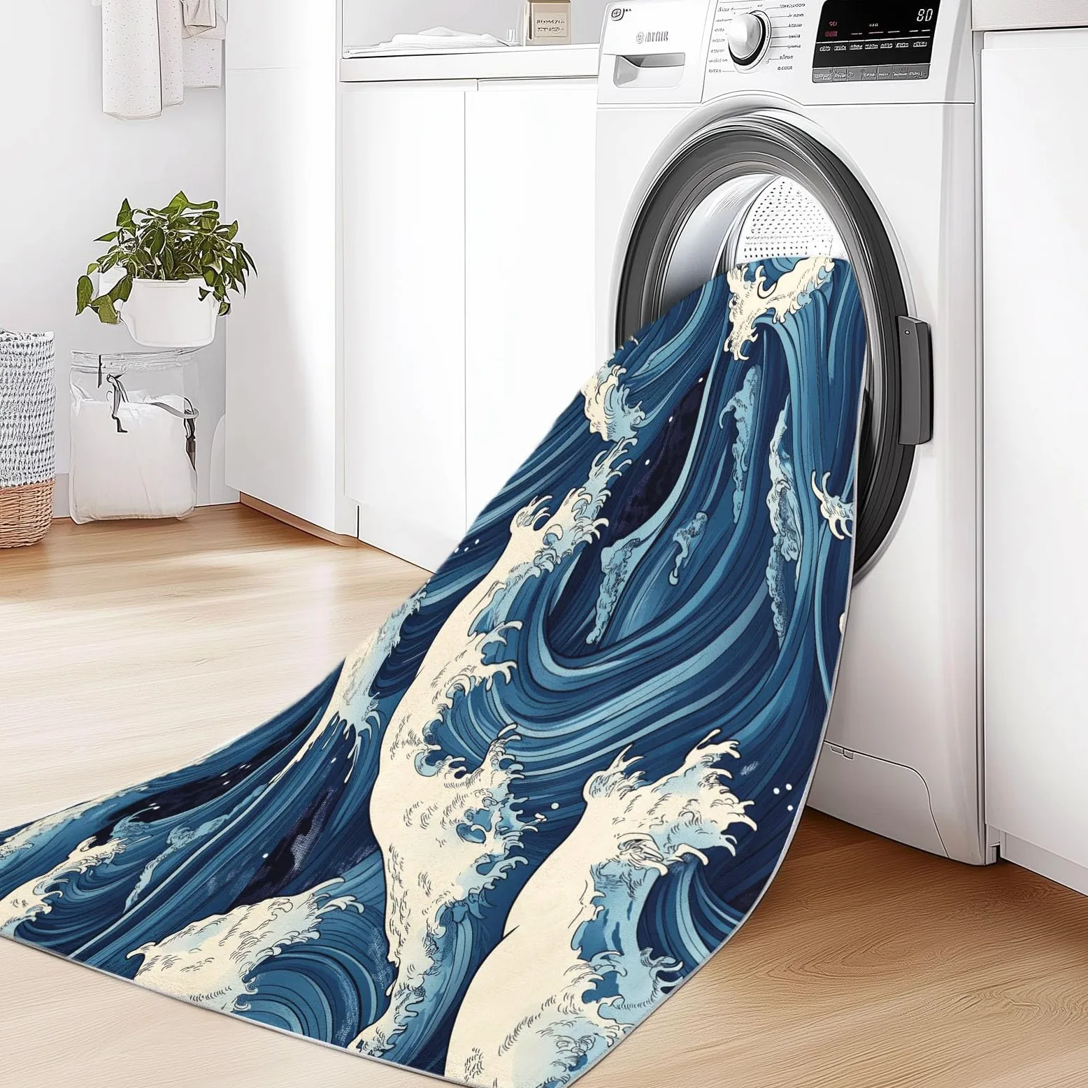 Tapis Poils Ras Motif Vagues À La Japonaise Tapis Salon Chambre Adulte Salle à Manger Bureau Tapis Imprimé à Poil Court Doux Fin Lavable 140 x 200 cm, Bleu Blanc