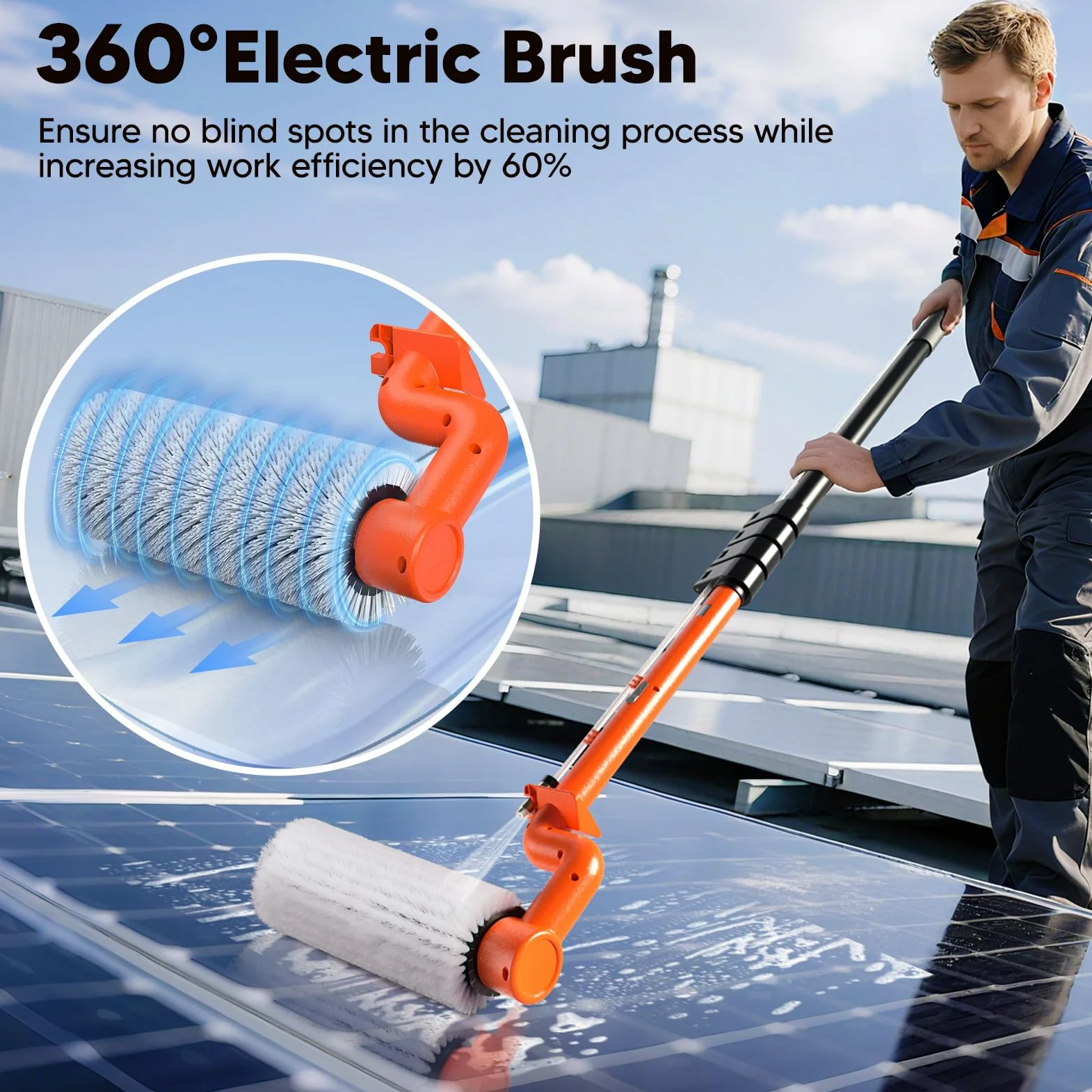 Brosse de Lavage électrique télescopique de 6,5 m - Brosse de Nettoyage électrique à Rouleau avec raccord de Tuyau pour systèmes PV, fenêtres, toits de terrasse et Nettoyage des serres