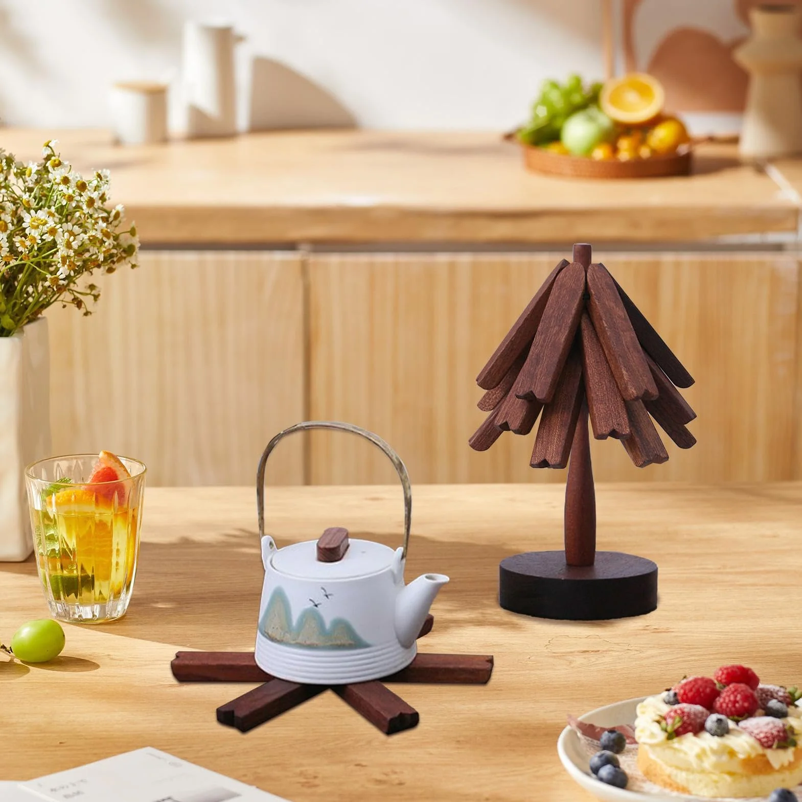 Dessous de plat en bois pour plats chauds, dessous de plat pour poêles chaudes en bois avec d'arbre, tapis chaud multifonction, dessous de verre en bois en forme d'arbre résistant à la chaleur | chaudes en bois avec d'arbre, tapis chaud multifonction, des