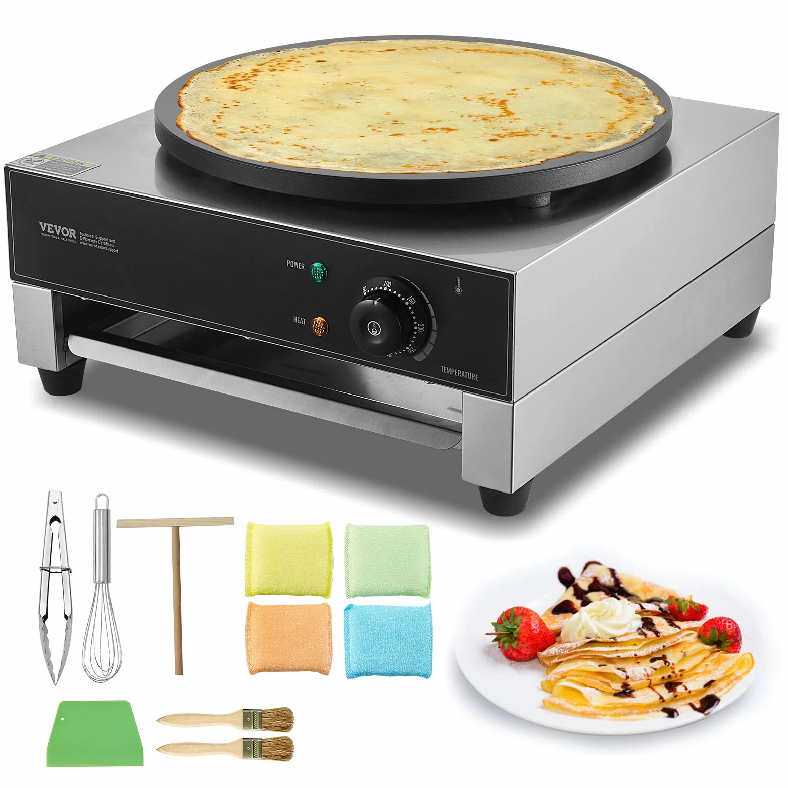 VEVOR Crêpière Électrique 40 cm, Appareil à Crêpes Commercial, Machine à Crêpes Antiadhésive, Plaque Chauffante à Crêpes Plate, 1700 W, en Acier Inoxydable, avec Contrôle de la Température, Restaurant
