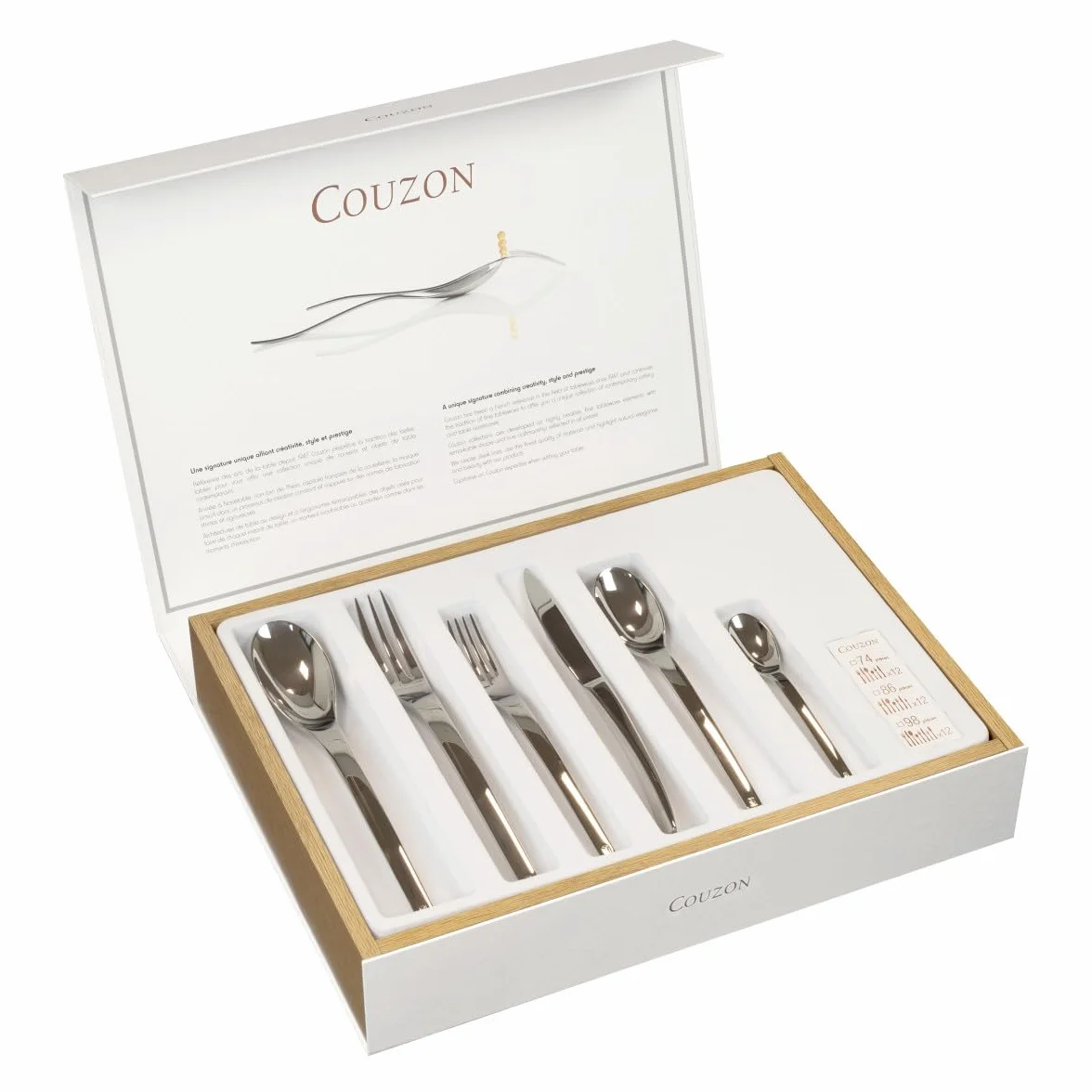 COUZON - Ménagère 50 couverts de table en coffre bois pour 12 personnes - J'aiGoûté - Acier inoxydable 18/10, Finition Miroir, Epaisseur 4 mm - Inox
