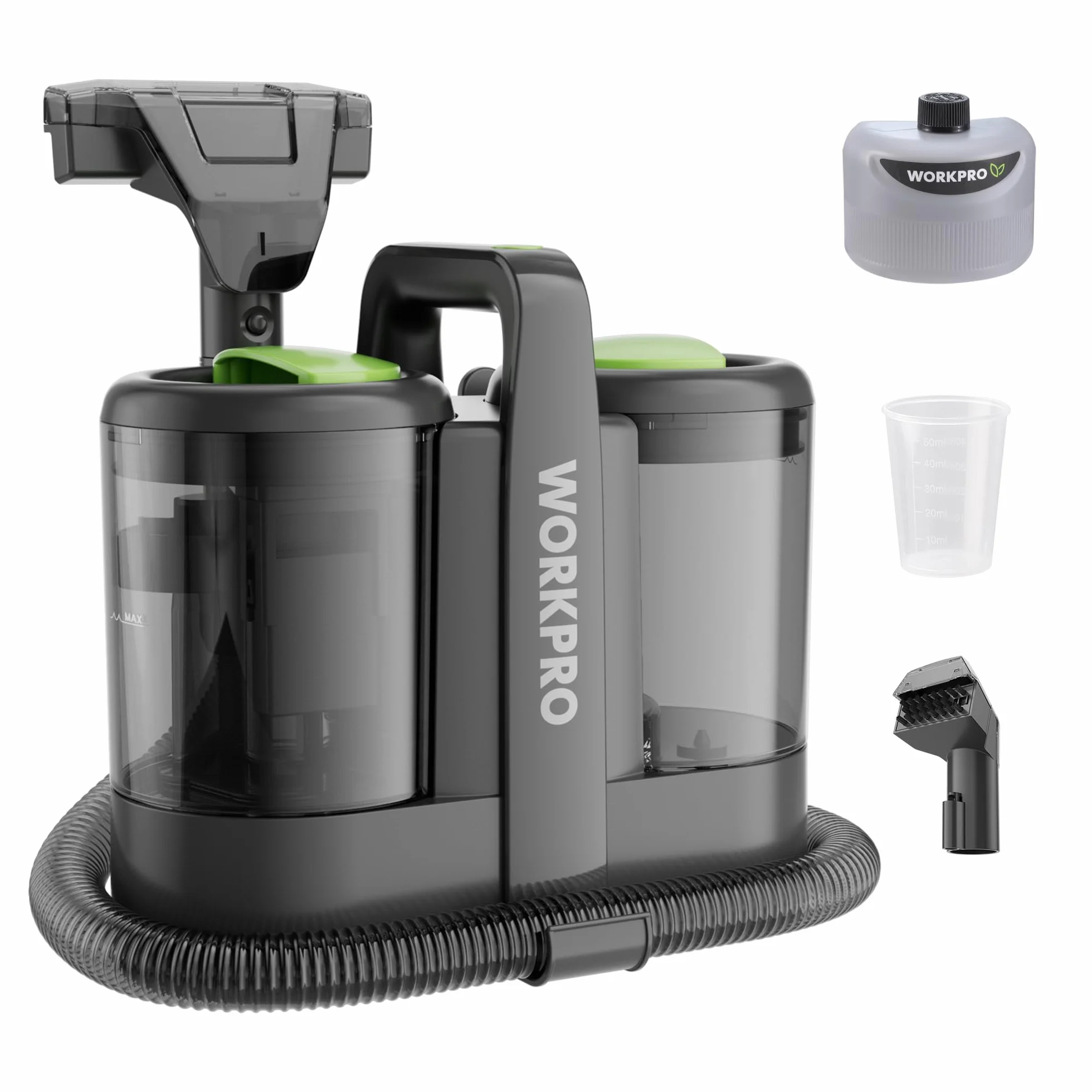 WORKPRO Nettoyeur de Tapis 450W, Shampouineuse Canape, Nettoyeur Moquettes avec Double Réservoirs 1,6L+0,75L, 13kPa, 75dB, 2 Buses pour Voiture, Animaux et Tissus d'Ameublement
