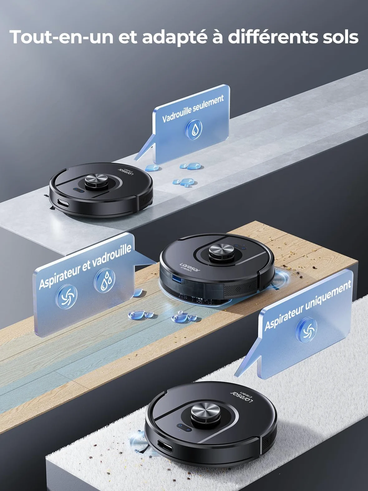Aspirateur Robot, 8000Pa 200Mins Robot Aspirateur Navigation LiDAR Laveur, Robot Laveur de sol, Cartes Pour Sols Multiples, Commande Alexa/APP/WiFi, Idéal Pour Poils d’Animaux, Tapis et Sols Durs