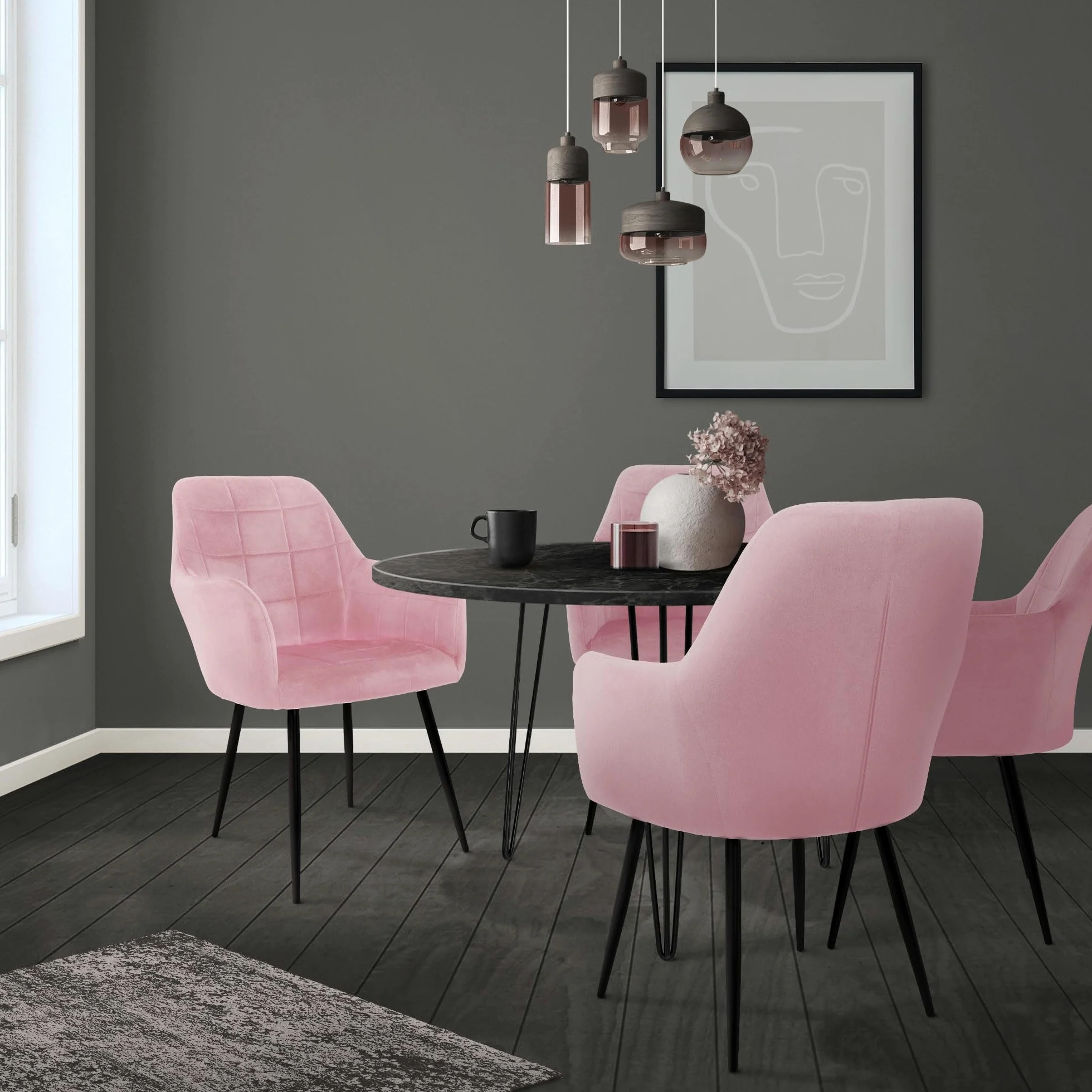 ECD Germany Lot de 2 Chaises de Salle à Manger Cuisine Salon Séjour - Rose - Assise Siège Rembourrée en Velours Structure en Métal Fauteuil Rétro avec Accoudoirs pour Bureau Réception Meuble Maison