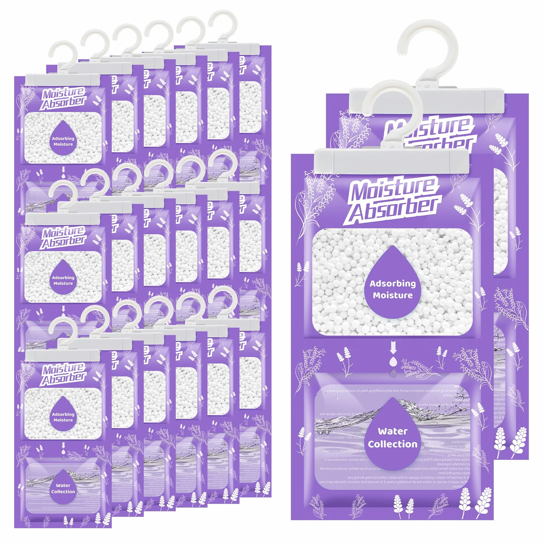Déshumidificateur suspendu 20 x 230 g avec parfum, absorbeur d'humidité pour cave, chambre à coucher, buanderie, contre l'humidité, anti-moisissure, sac déshydratant – Lavande