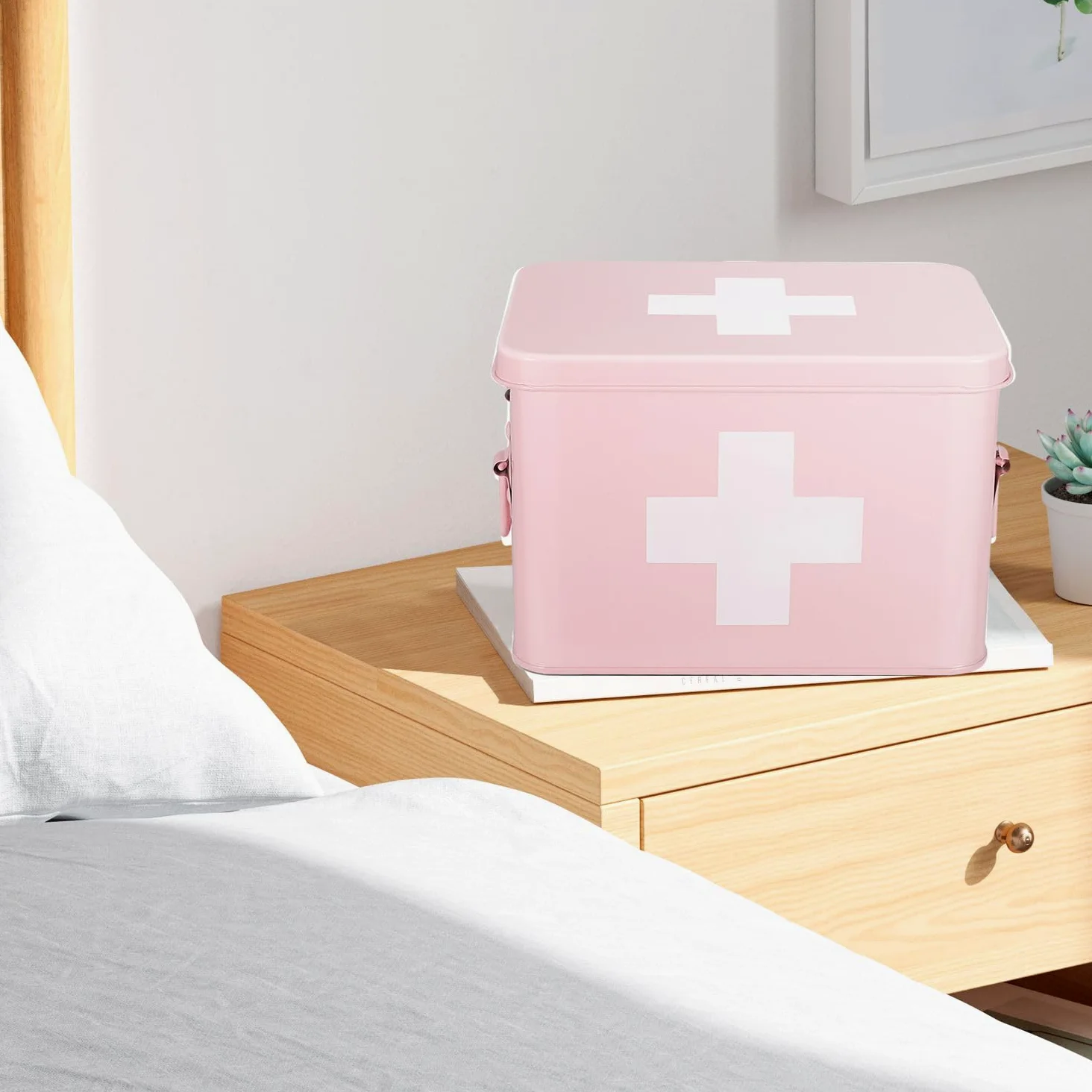 Flexzion Boîte de premiers secours, boîte de premiers secours, vide de 21,6 cm, rose vintage, boîte médicale, boîte de rangement de premiers secours, bacs avec séparateurs, plateau amovible et logo en