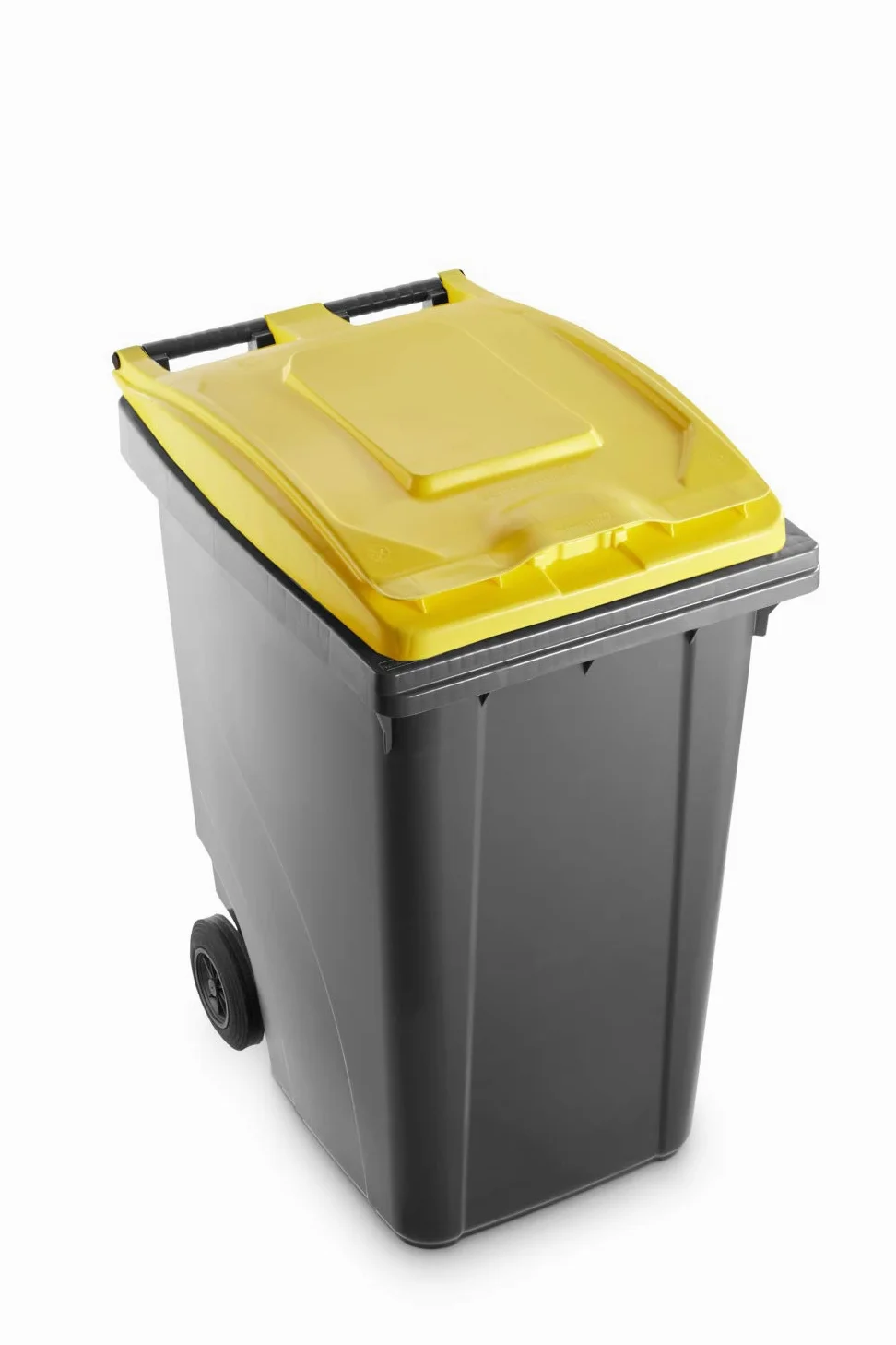 Mobil Plastic - Poubelle à roulettes pour le tri sélectif des déchets 360 l pour usage extérieur - Fond gris et couvercle jaune (Norme EN 840)