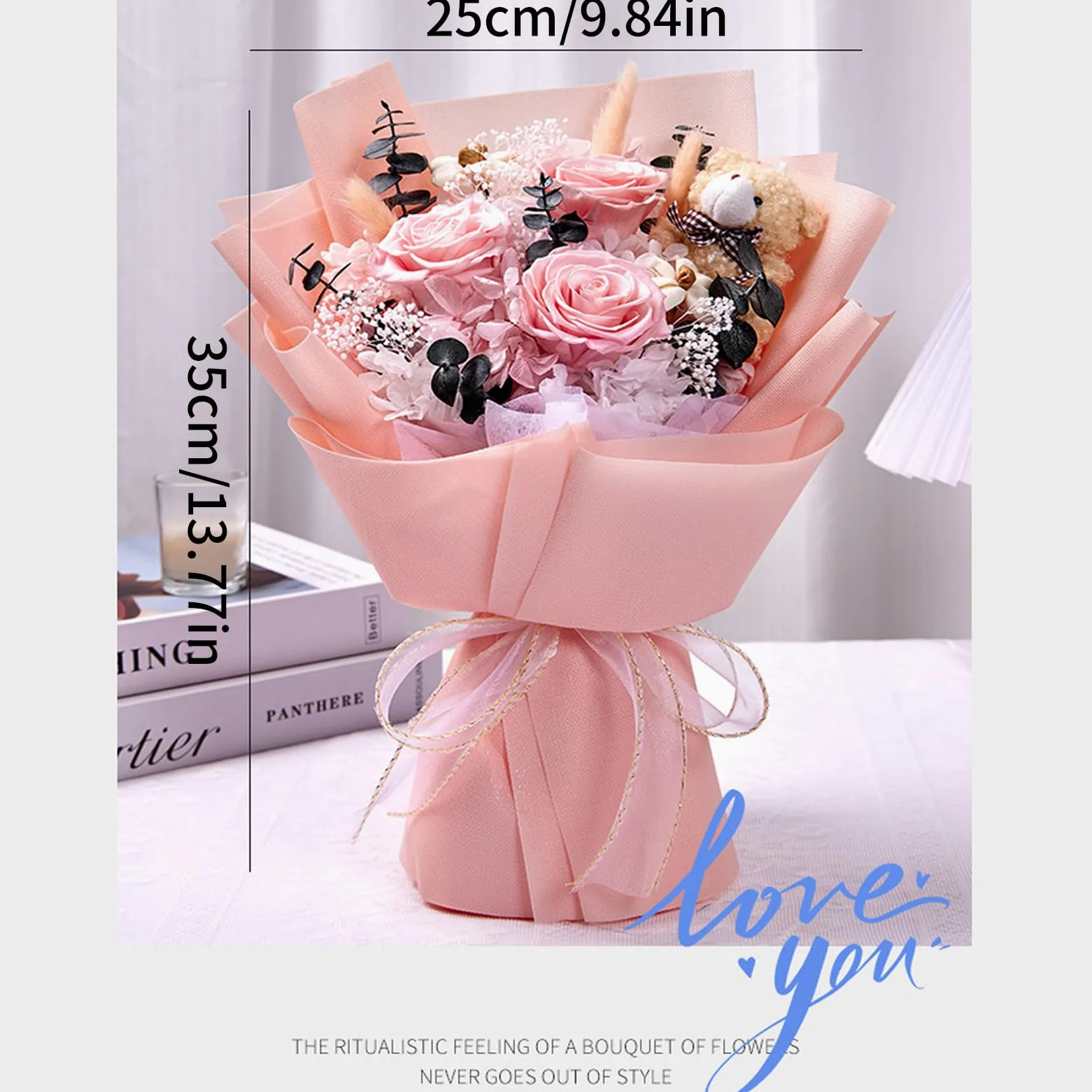 Bouquet de Roses Éternelles, Fleur Eternelle avec Un Ours, Fleurs Préservées avec Coffret Cadeau, Cadeau Femme, Maman, Épouse, Fête des Mères, Saint-Valentin, Anniversaire