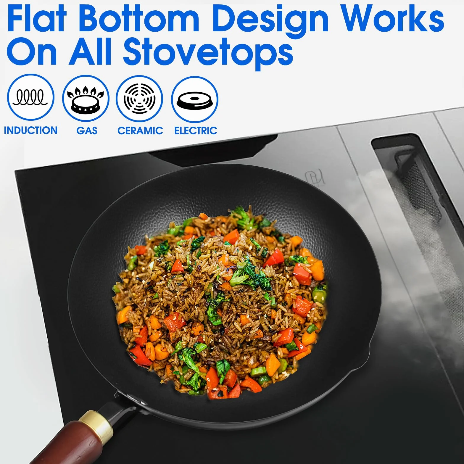 Souped Up Recipes Wok en acier carbone de 25,4 cm pour cuisinières électriques, à induction et à gaz (couvercle et guide d'utilisation vidéo inclus)