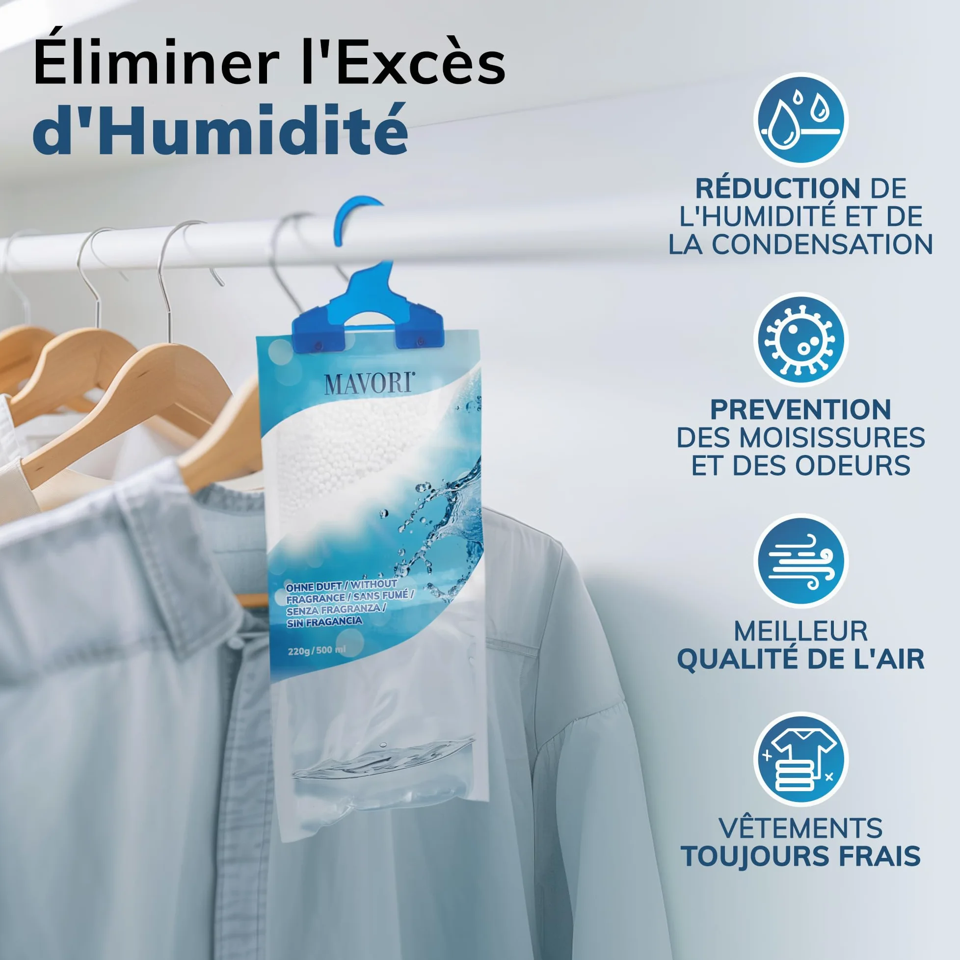 Lot de 10 déshumidificateurs XL à suspendre I sacs déshumidificateurs I déshumidificateur armoire et absorbeurs d'humidité pour pièces contre l'humidité, les moisissures et les odeurs