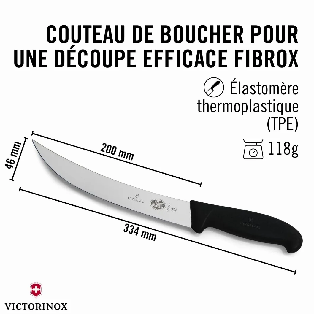 Victorinox Fibrox Couteau de boucher, Couteau long pour couper de gros morceaux de viande, 20 cm, Lame incurvée, Tranchant, Inox, Noir