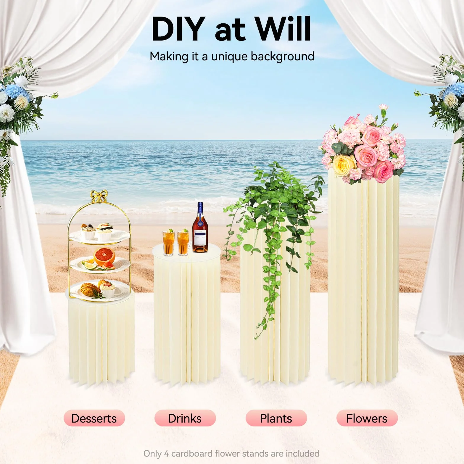 Lot de 4 supports cylindriques pliables en papier pour fêtes, table cylindrique, table cylindrique, colonne romaine en carton, présentoir à gâteaux, support de socle pour mariage (blanc crème)