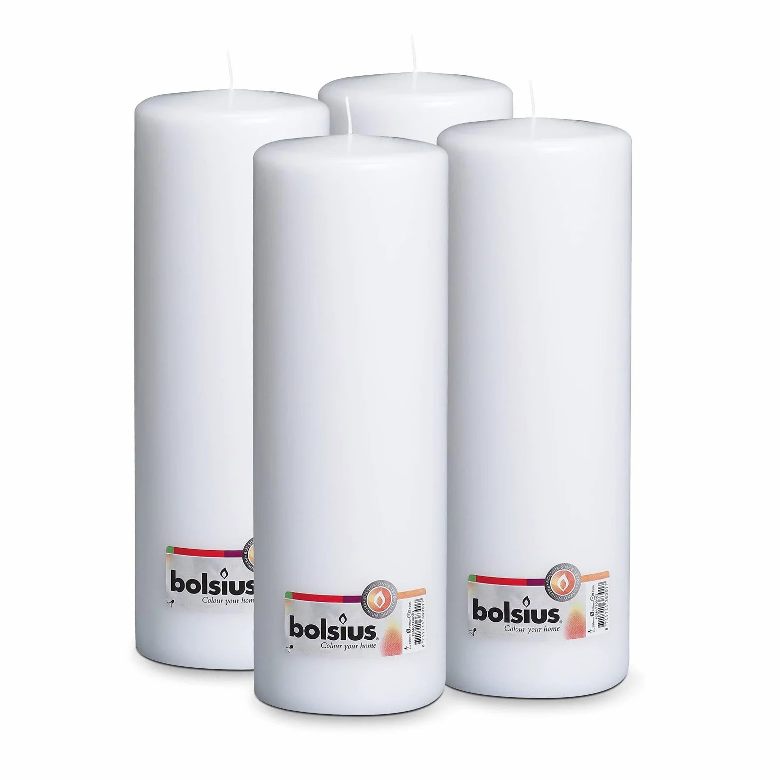 Bolsius - Bougies pilier lisses - Blanc - 30 cm - Lot de 4 Bougies - Bougies décoratives - Longueur de combustion : 175 heures - Non parfumées