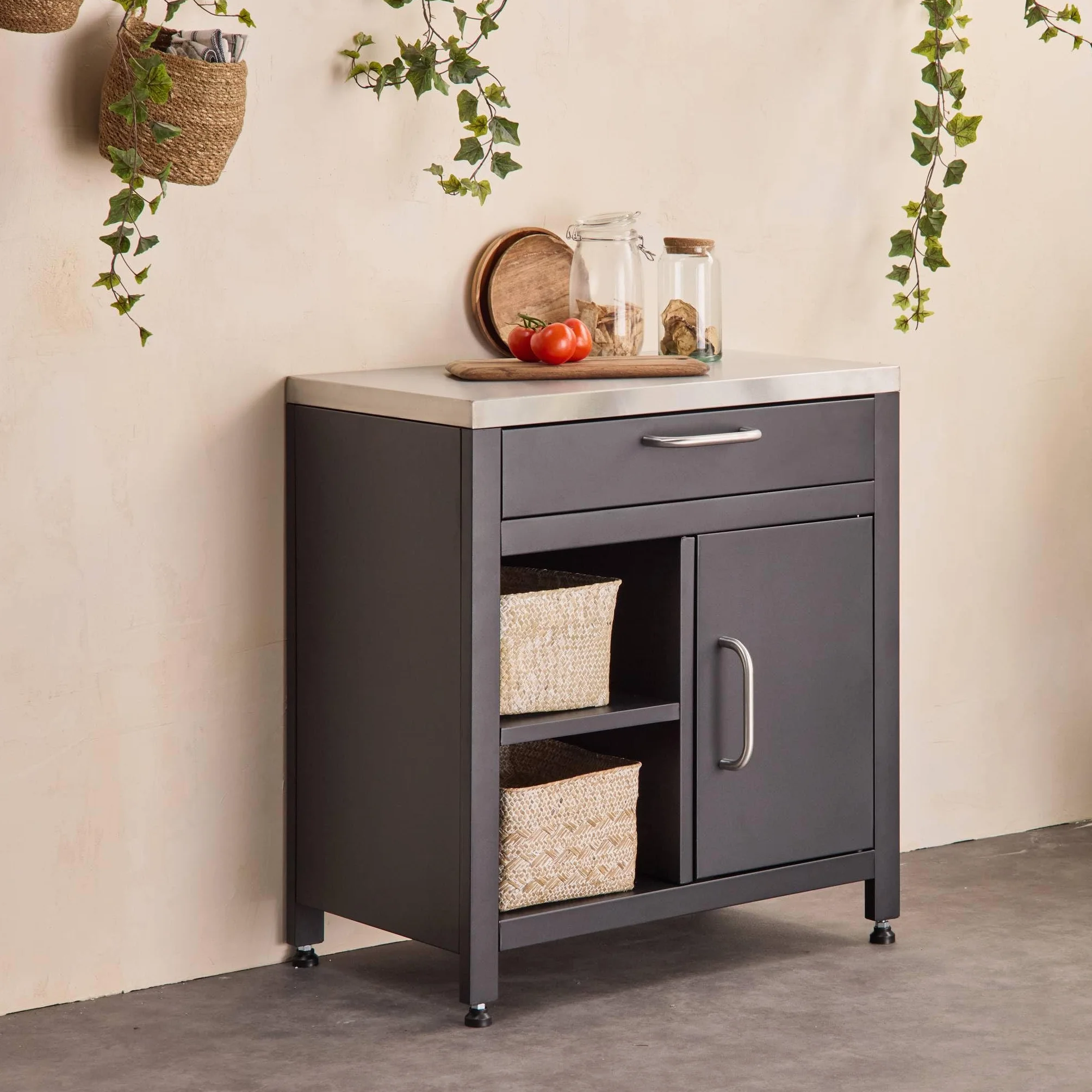 sweeek - Meuble de cuisine extérieure en acier L80cm avec 1 tiroir. 1 porte et 2 étagères de rangement