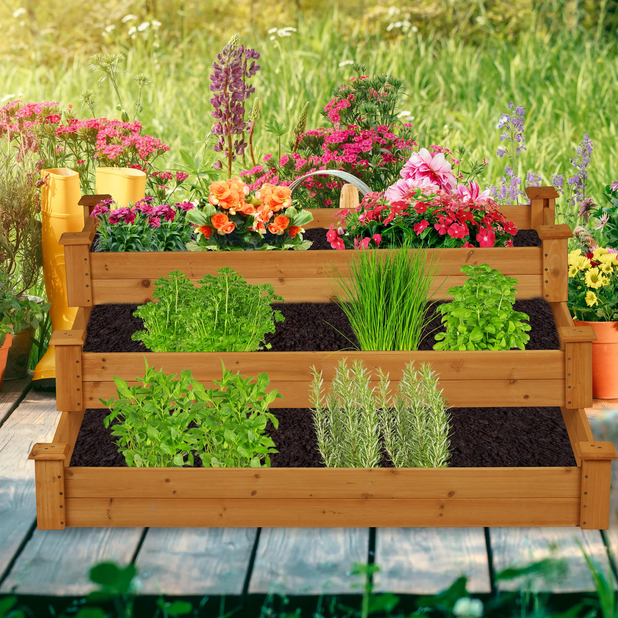 Relaxdays Carré Potager 3 Niveaux, jardinière en escalier, HLP : 46x122x122 cm, Sapin, Parterre Jardin, terrasse, Nature