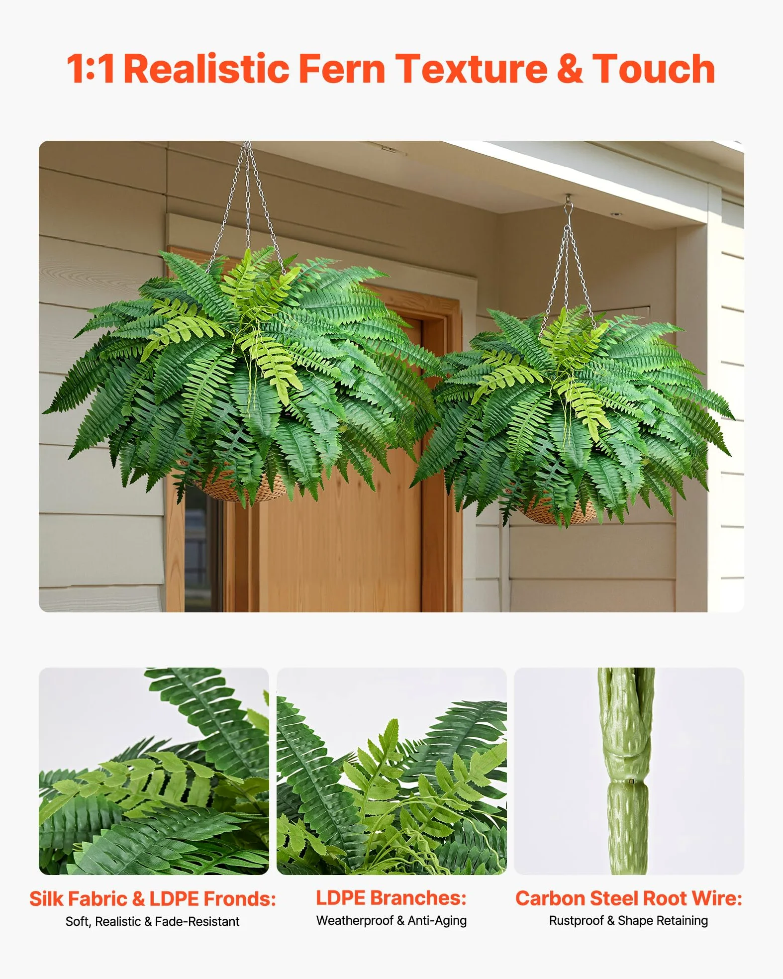 VEVOR Fougère Artificielle 1219 mm, Fougère de Boston Artificielle 67 Frondes, Plante Artificielle en Soie et LDPE pour Décoration Intérieur Extérieur, Maison, Porche, Jardin, Bureau, Salon, Lot de 2