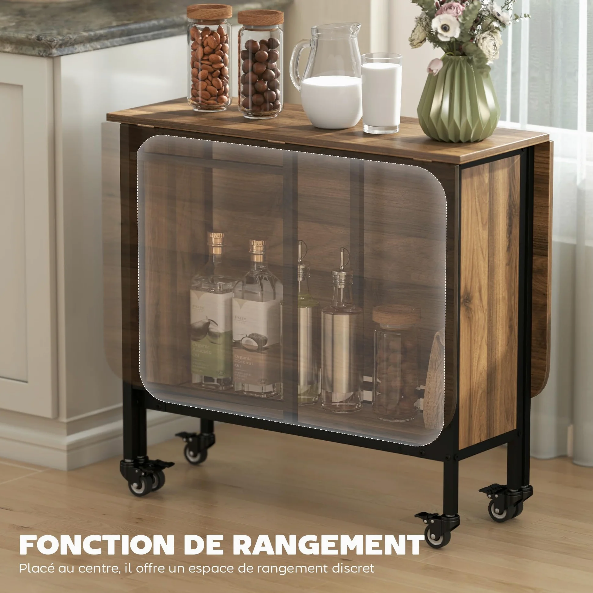 HOMCOM Table à Manger Pliante sur roulettes, Table de Cuisine pour 6 Personnes avec 2 abattants et étagère intégrée, pour Petits espaces, Salle à Manger, 130 x 80 x 74 cm, Marron