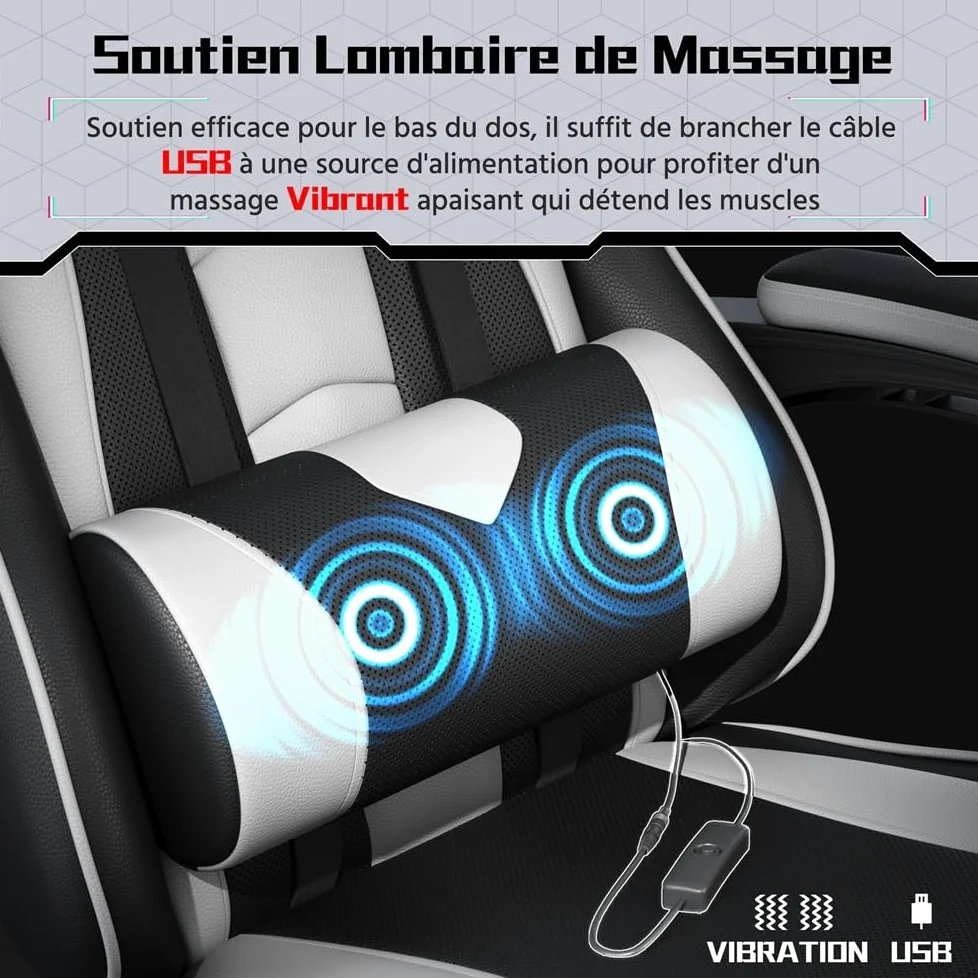 Yaheetech Chaise Gaming Ergonomique Massante avec Repose-Pieds Inclinable Rembourré en Similicuir, Fauteuil de Bureau avec Appui-tête et Support Lombaire Roues Pivotantes Blanc