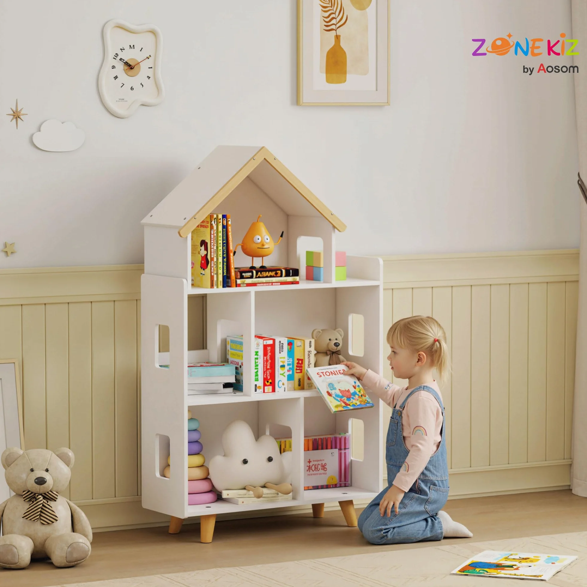 ZONEKIZ Étagère de Rangement pour Jouet Enfant et Livres Meuble de Rangement Forme de Maison - 3 Niveaux avec étagères - Bois Massif - 65 x 25 x 108,5 cm - Blanc et Naturel