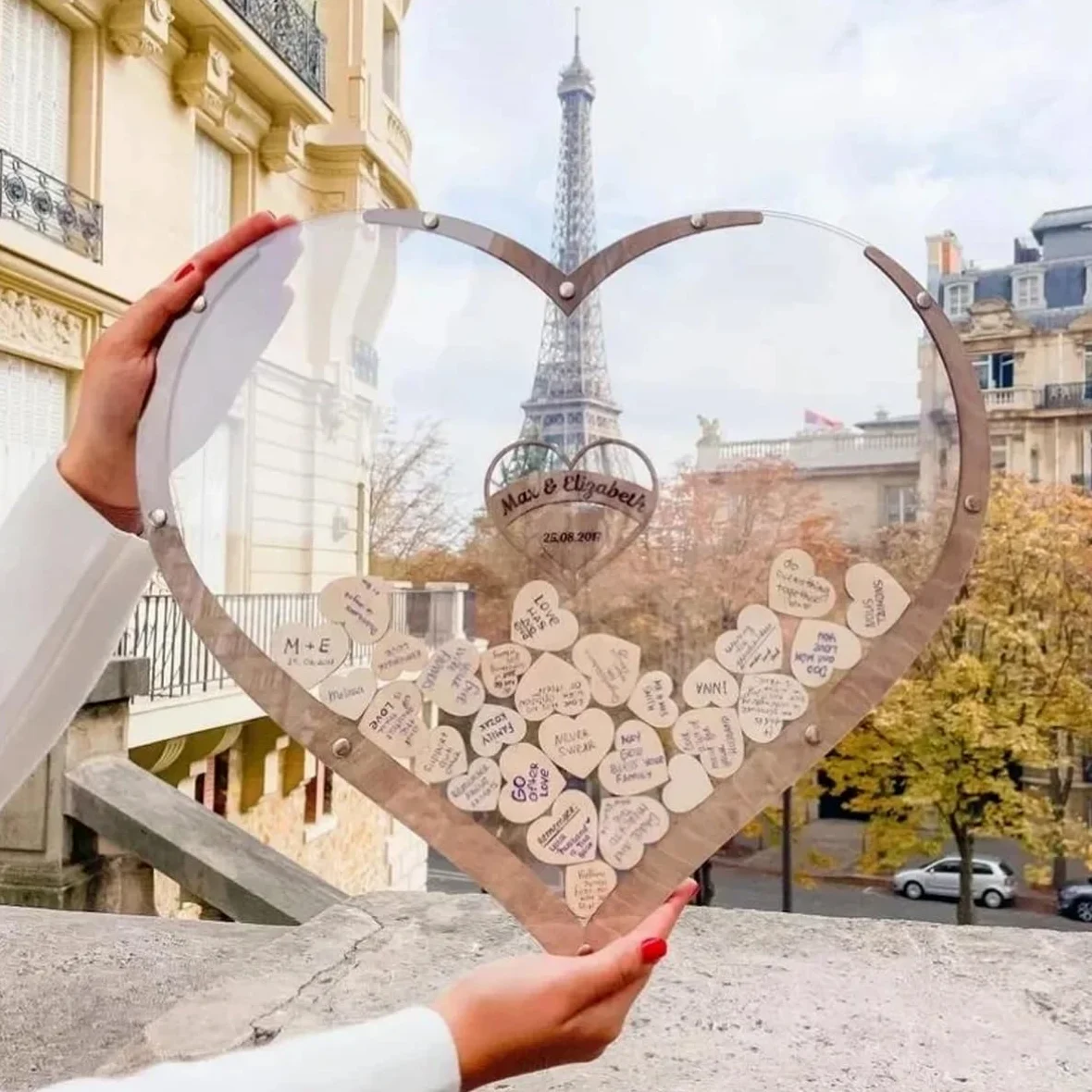 Alternative au livre d'or de mariage personnalisé, livre d'or personnalisé en forme de cœur transparent, boîte d'invités en bois en forme de cœur