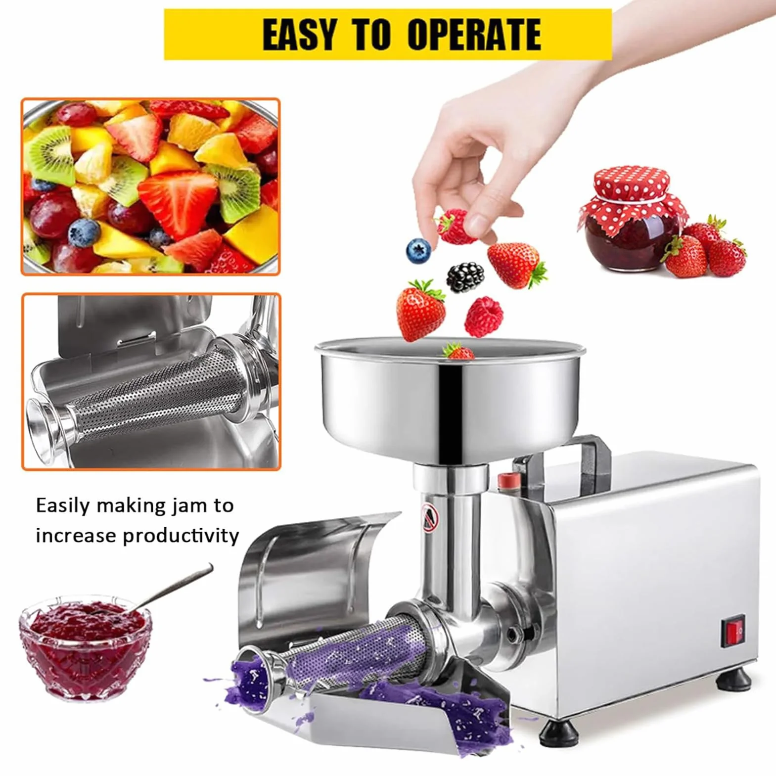 Passoire à tomates électrique commerciale 450 W - Moulin alimentaire en acier inoxydable pour tomate, fraise, myrtille - Presse à fruits - Idéal pour faire des sauces et purées