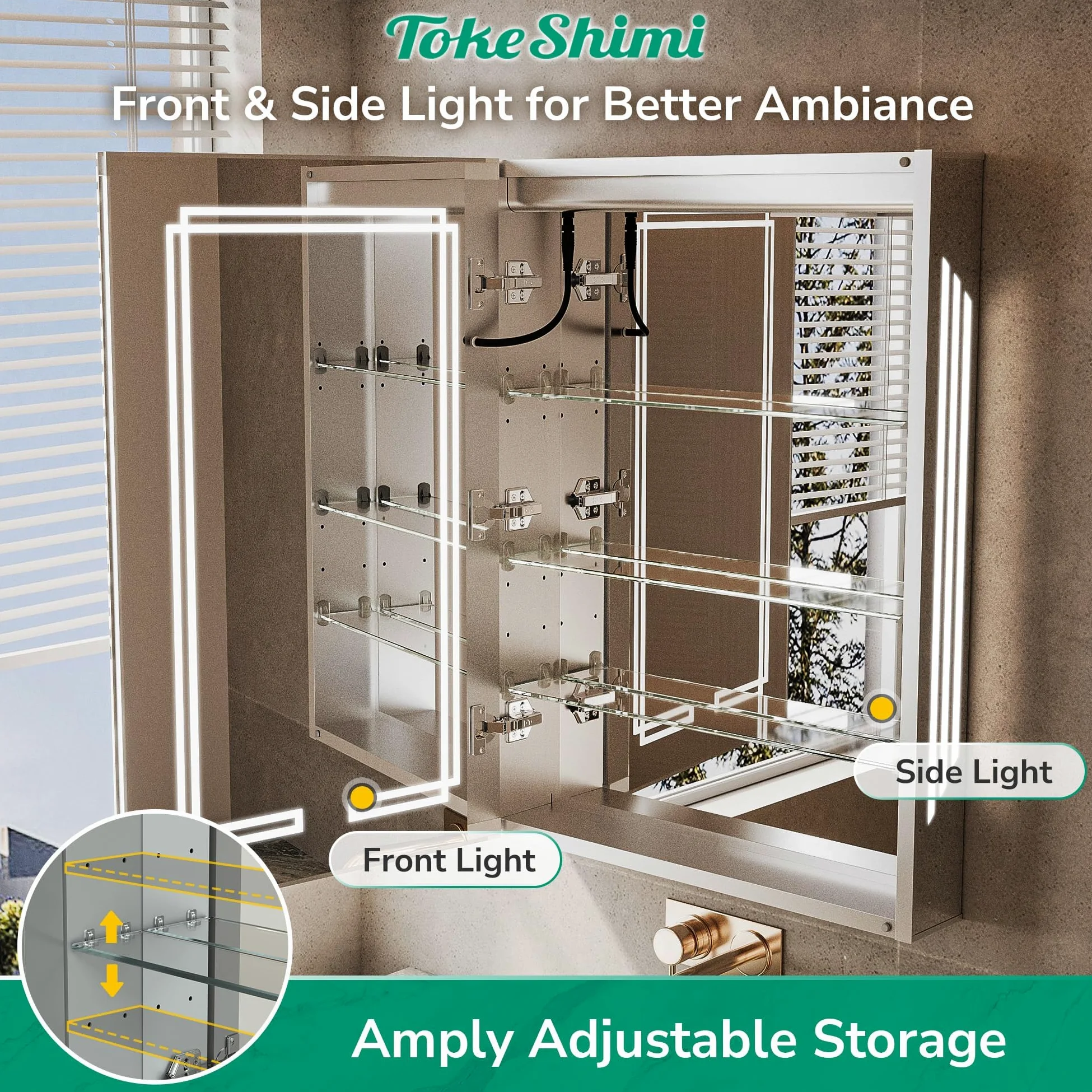 TokeShimi Armoire à pharmacie 24 x 32 LED avec miroir trempé, 3 couleurs éclairées, gradation continue, IRC 80+, anti-buée, fonction mémoire