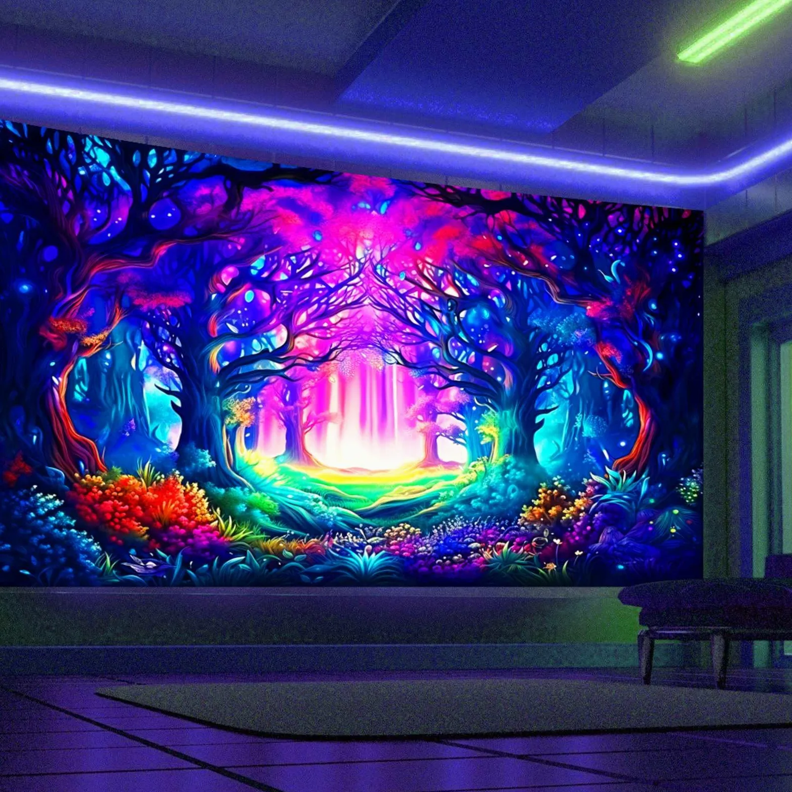 Arsey Tapisserie murale à lumière noire - Motif forêt - Trippy - Réactive aux UV - Motif arbre esthétique - Décoration de salon - Multicolore - Extra large - 300 x 180 cm