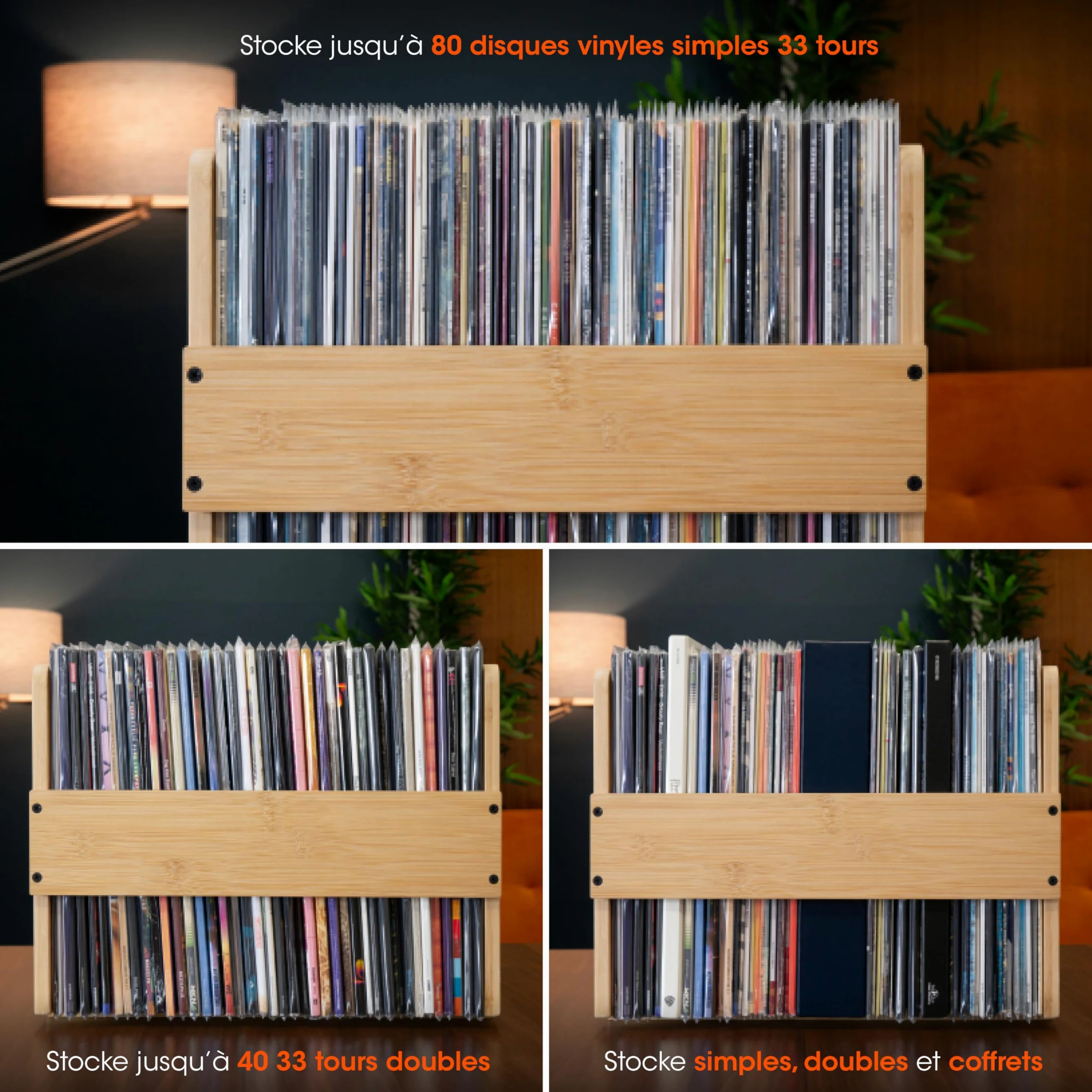SPINCARE Caisse rangement vinyle | Caisse vinyle et boîte d'affichage en bambou Premium pour disques vinyles 33 tours et albums | Contient jusqu'à 80 LPs | Pour disques simples, doubles et coffrets