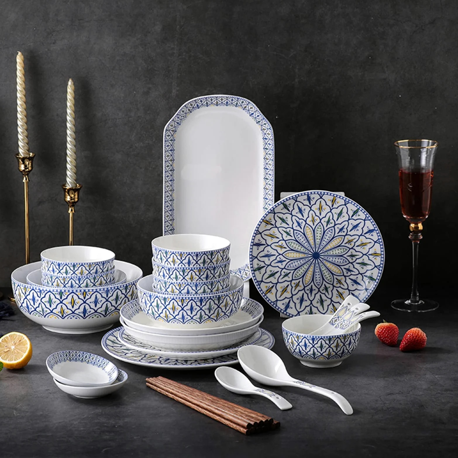 Service de Table en céramique pour 6 à 25 pièces, Service de Vaisselle, Services de Table de Cuisine avec Assiettes Plates, Assiettes à Salade et Bols, Lavable (