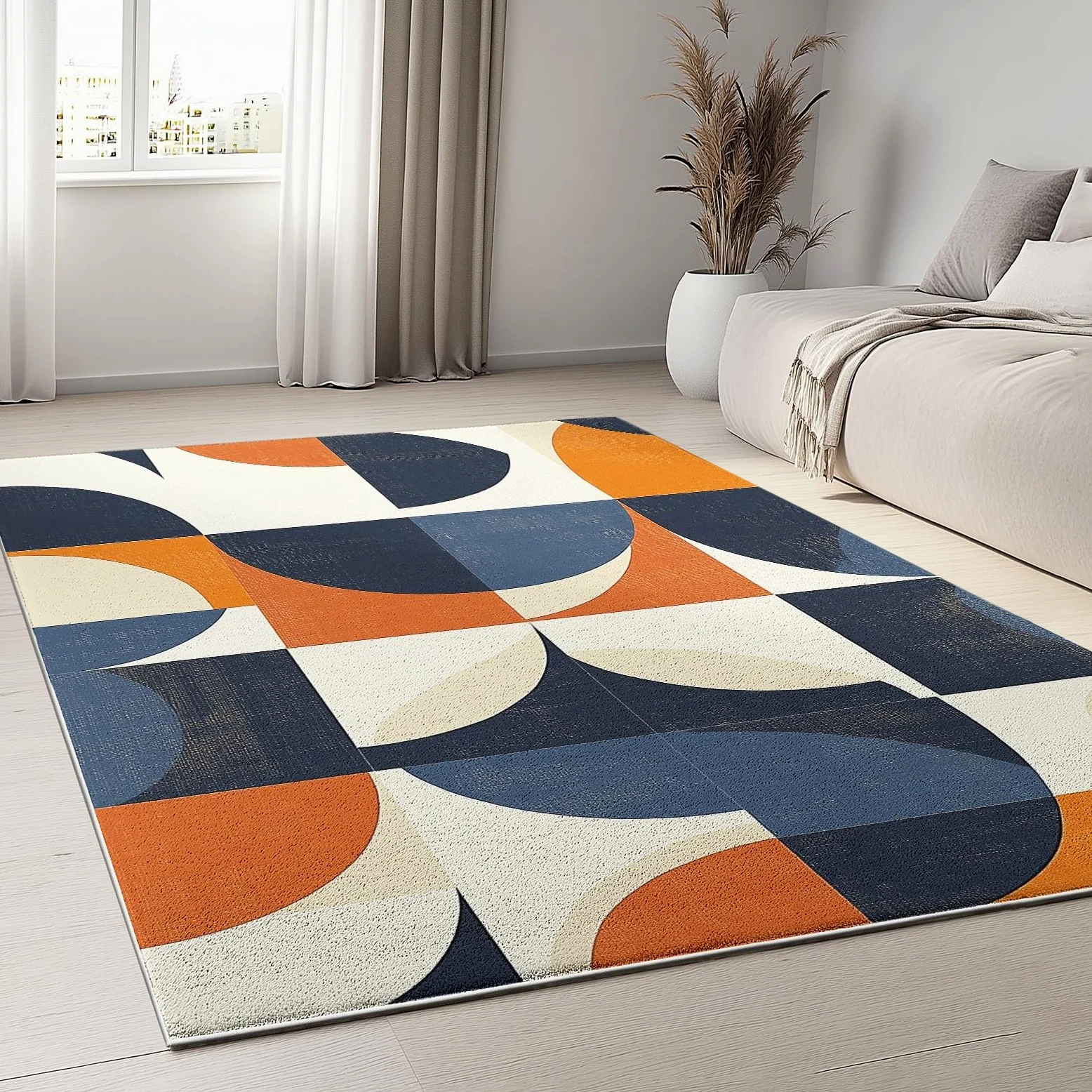 Tapis Salon Chambre Adulte Poil, Tapis à Poils Courts et denses Motif Géométrie Vintage Cercles, Tapis Lavable en Machine Antidérapant Bleu Orange, 60 x 110 cm