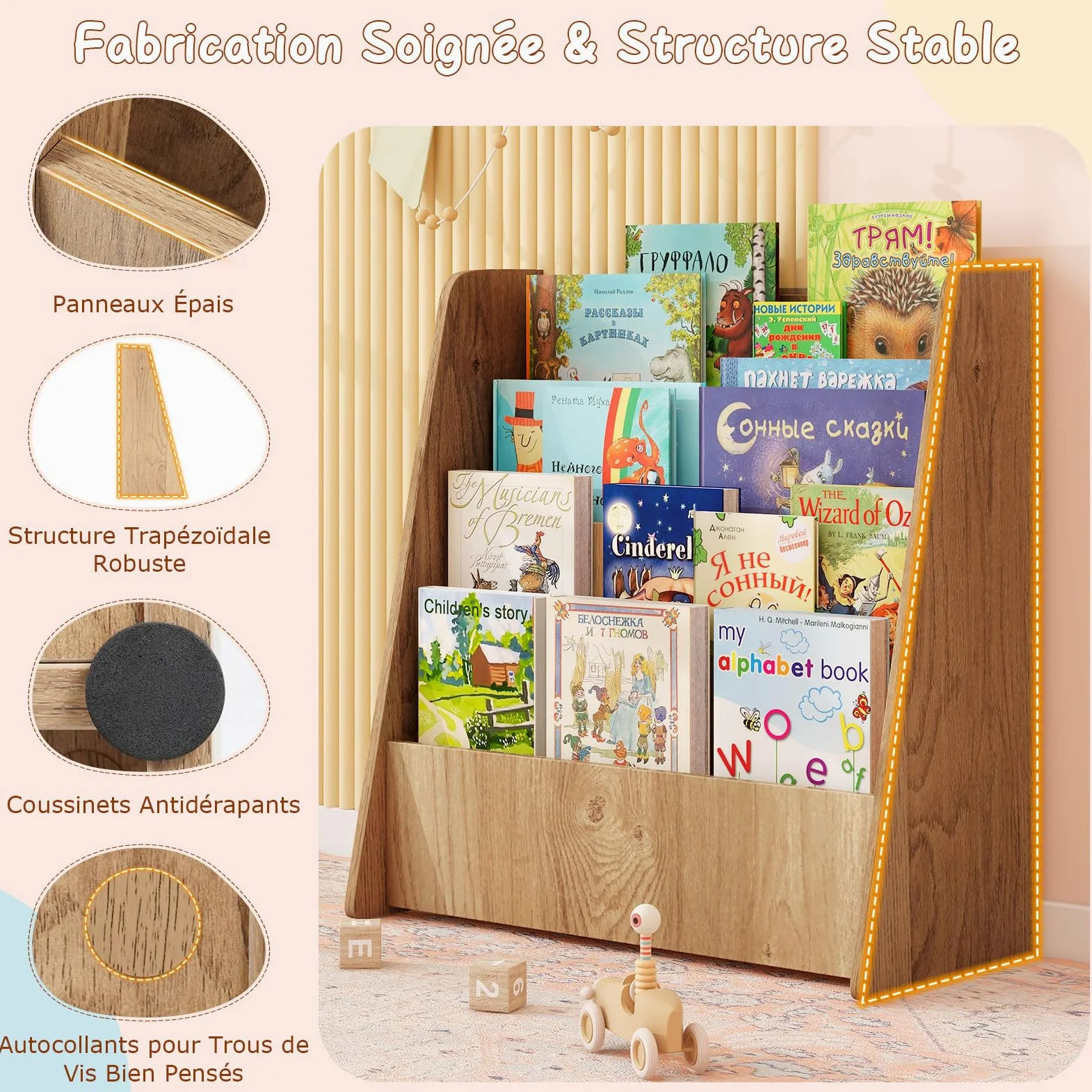 COSTWAY Bibliothèque Enfant en Bois à 4 Niveaux de Compartiments Ouverts, Étagère à Livres avec Patins Antidérapants, Meuble Rangement Jouet Montessori pour Bureau Chambre d’Enfant, 57,5x26,5x59cm