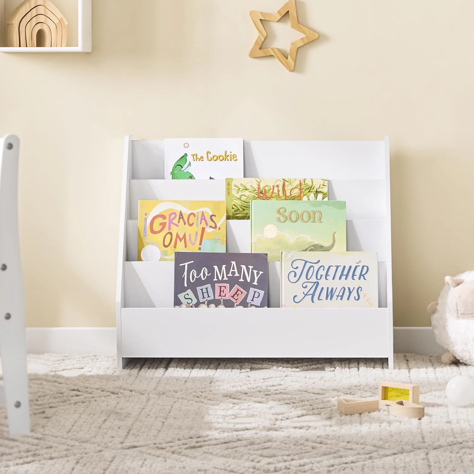 SoBuy Bibliothèque Enfant Rangement Jouet Enfant Bibliotheque Livre 4 Niveaux et 1 Compartiment Ouvert Étagère à Livres Meuble de Rangement Chambre d'Eanfant Bureau Salon Blanc 70x30x60 cm KMB32-K-W
