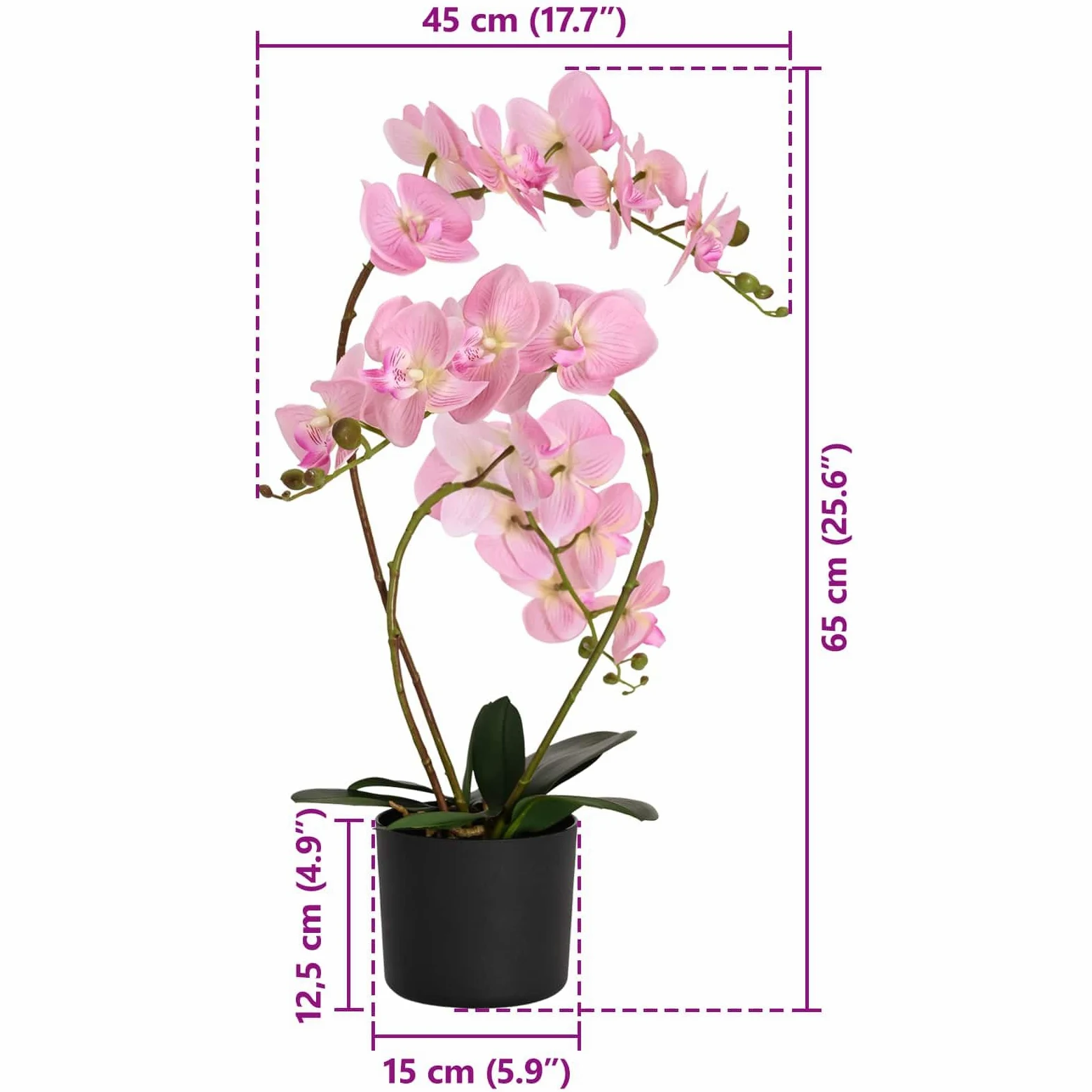 Plante d'orchidée artificielle avec pot rose - 45 x 15 x 65 cm - Fleur décorative en soie pour salon, chambre à coucher, entrée - Facile d'entretien