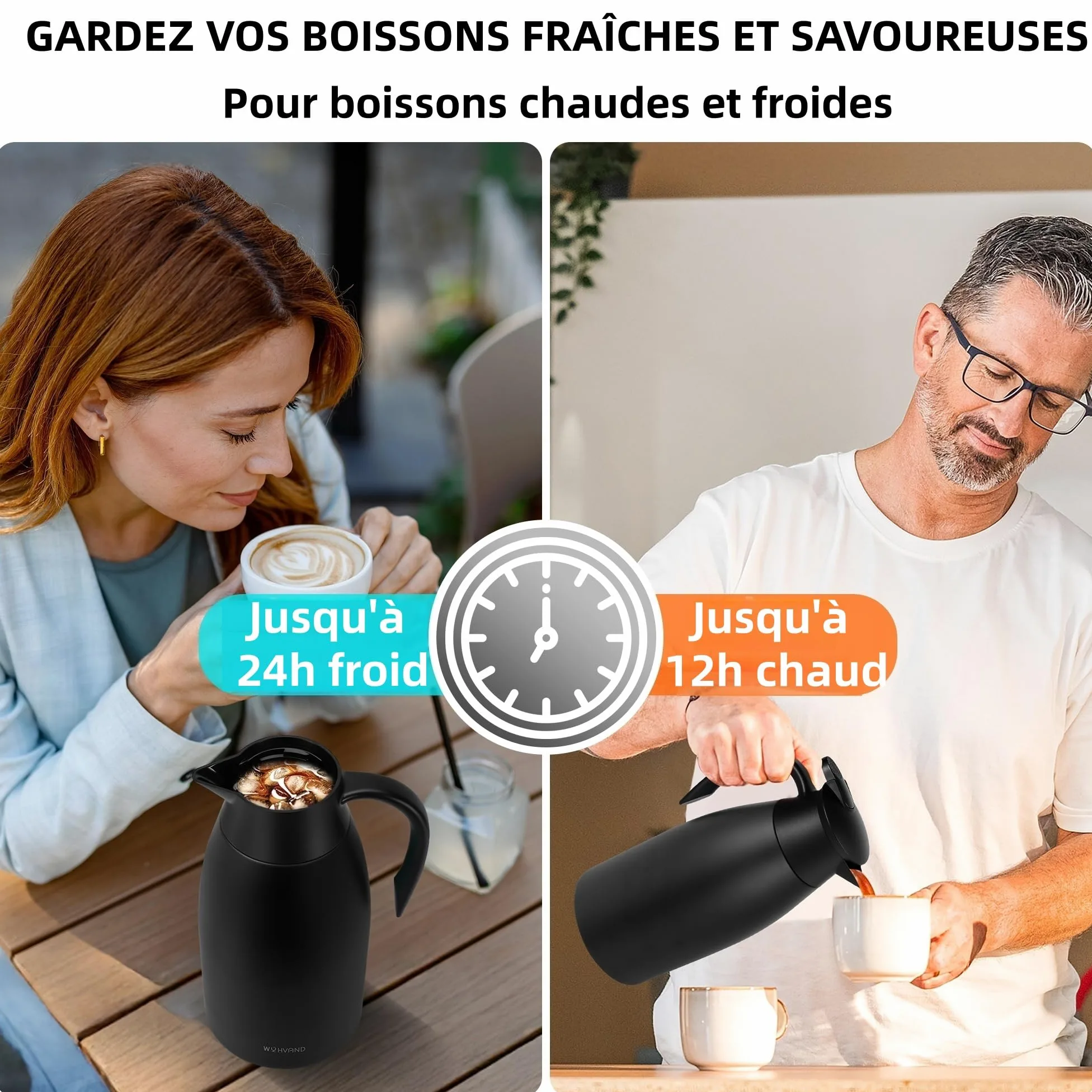 Carafe Isotherme 2L, Pichet à Café en Acier Inoxydable 304, Garde le Chaud et le Froid, Étanche, Versement à Une Main, Maison, Bureau et Hôtel, Noir