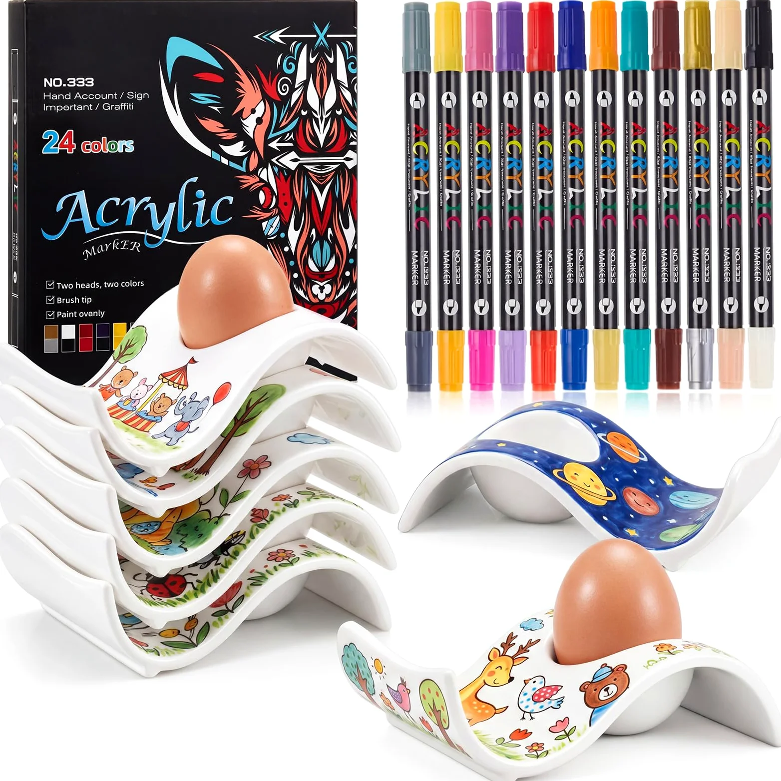 Sinmoe 6 Coquetier Oeuf en Ceramique Peindre Votre Propr Coquetier avec 12 Pièces 24 Couleurs Stylo en Porcelaine et Boîte de Cadeau Support pour Œuf à la Coque pour DIY Cadeau Pâques Anniversaire